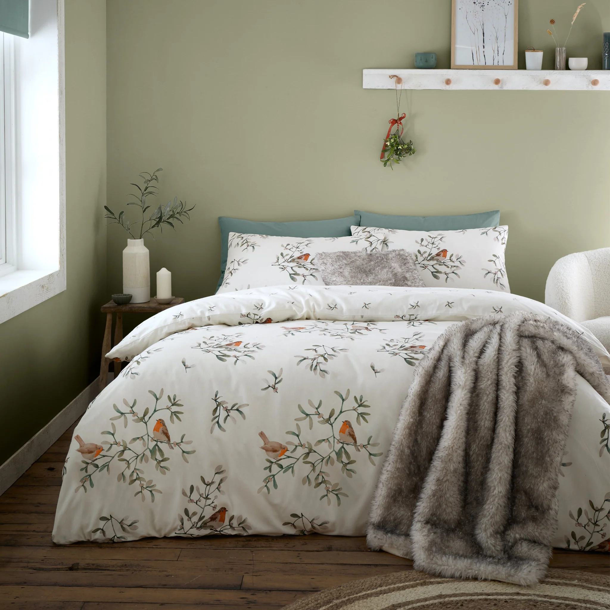 Catherine Lansfield Brushed Mistletoe Robins Duvet Set King - Brushed Mistletoe Robins Duvet Set King