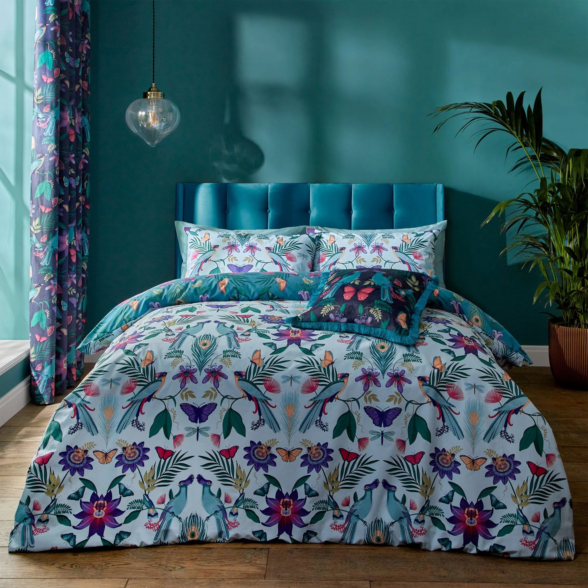 Catherine Lansfield Mya Tropical Birds Duvet Set - Mya Tropical Birds Double Duvet Set Duck Egg