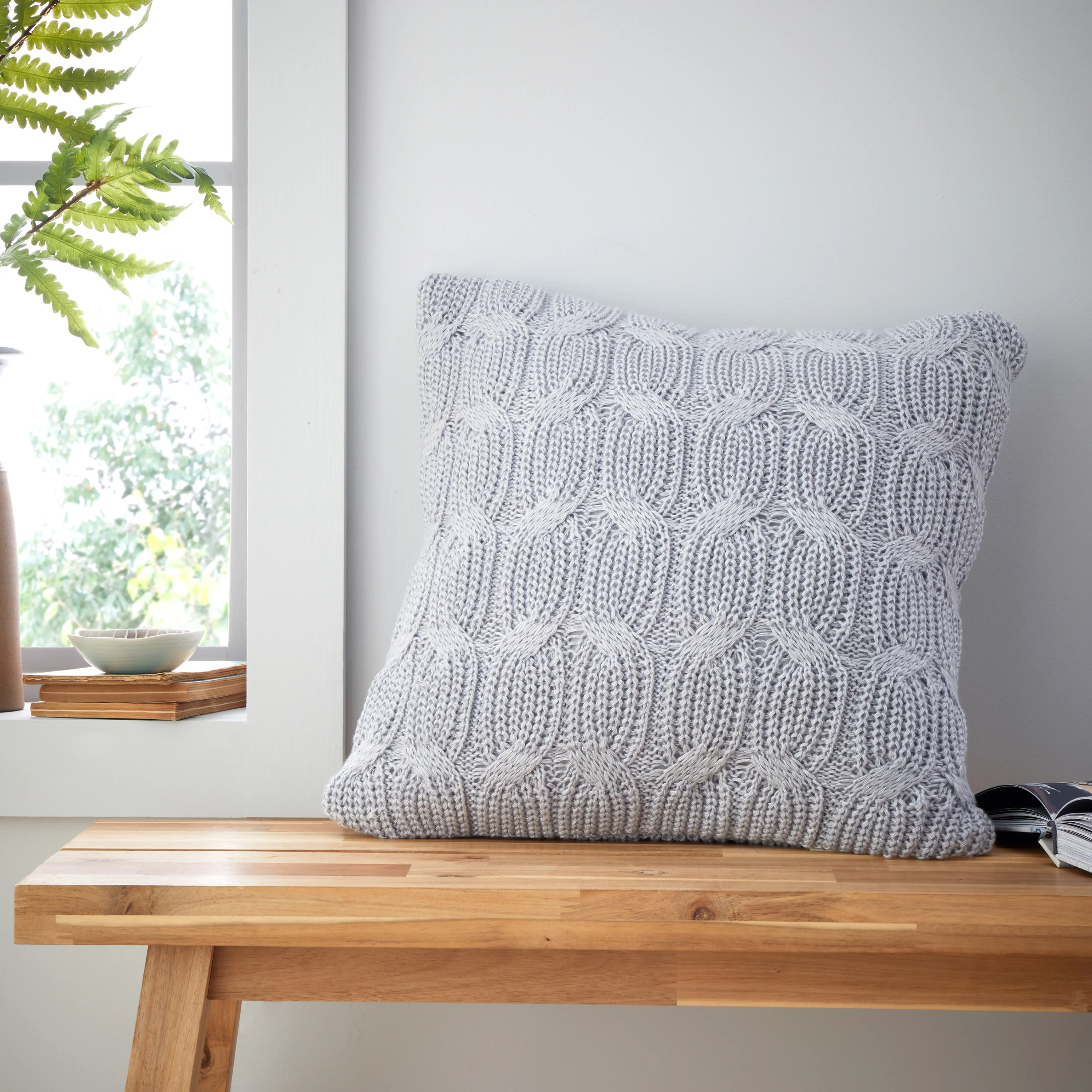 Chunky Marl Knit Silver Square Cushion - Chunky Marl Knit Silver Cushion 45x45CM