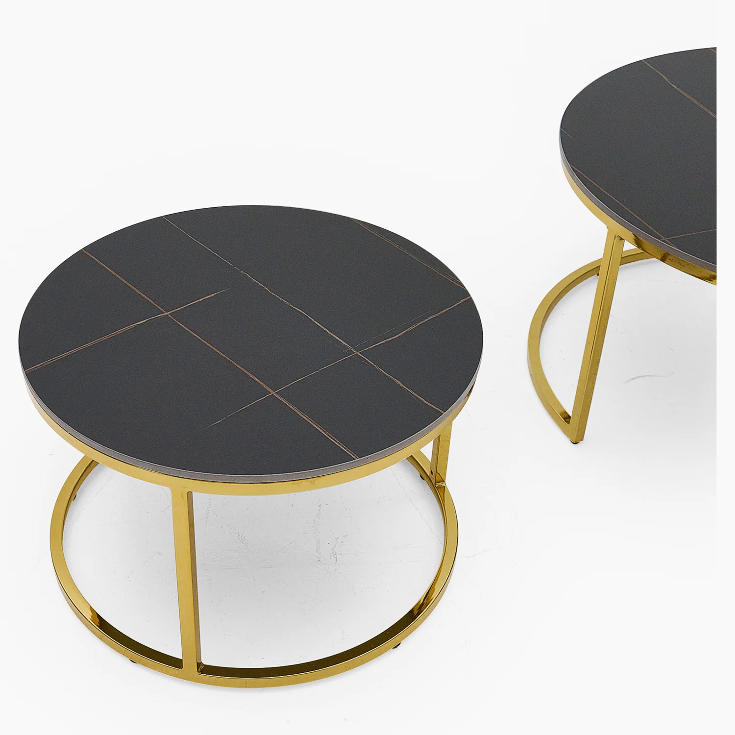 Circo Round Nest of Tables - Round Coffee Table Nest of 2 Tables Black & Gold Ceramic Top/Gold Powder Coat Legs - Image 4