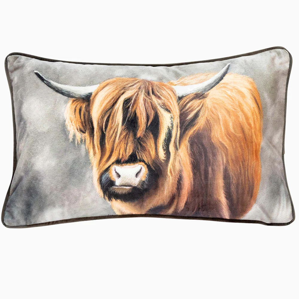 Clyde Highland Cow Brown Rectangular Cushion - Clyde Highland Cow Velvet Brown 30x50CM Cushion
