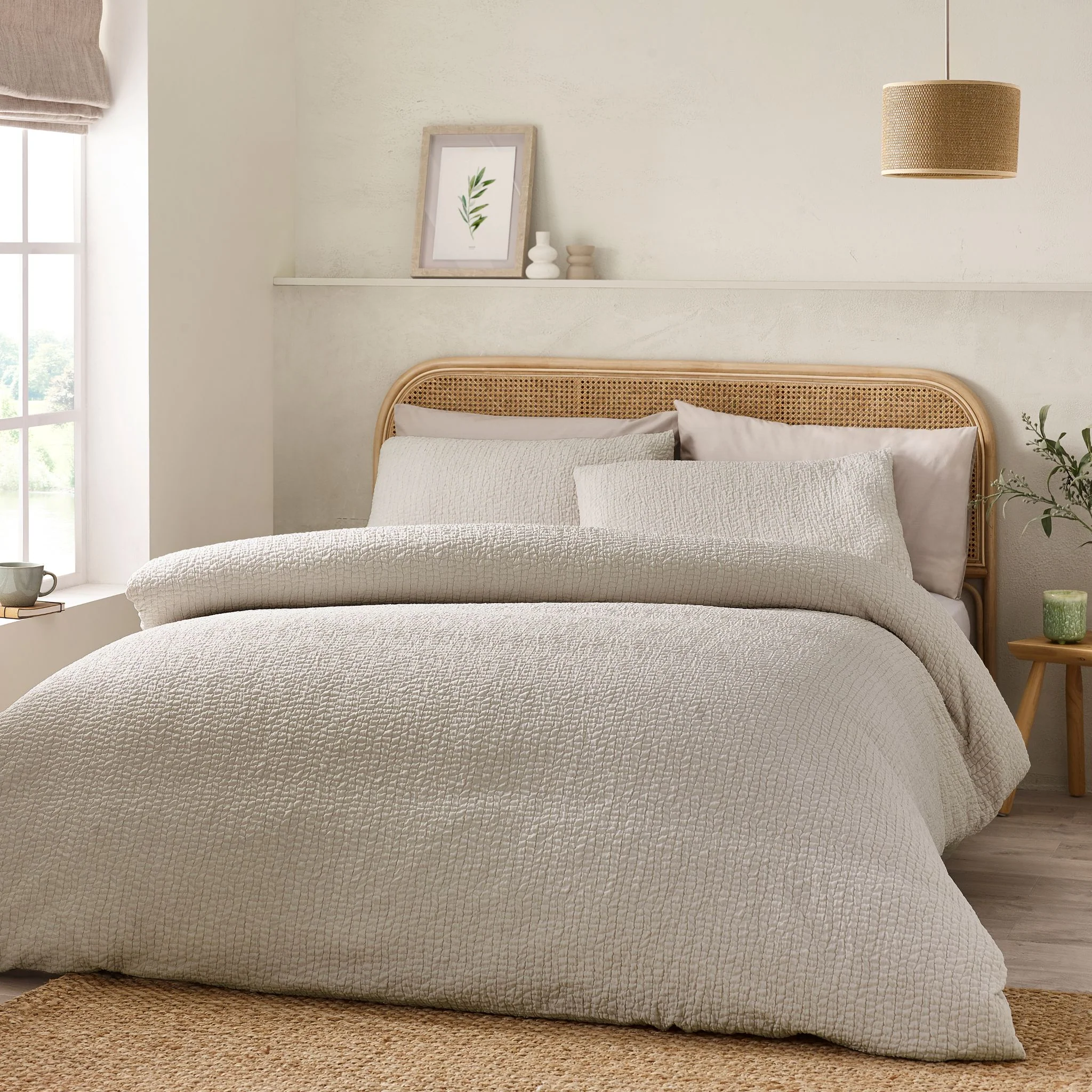 Catherine Lansfield Crinkle Seersucker Natural Duvet Set - Crinkle Seersucker Natural Duvet Set Double