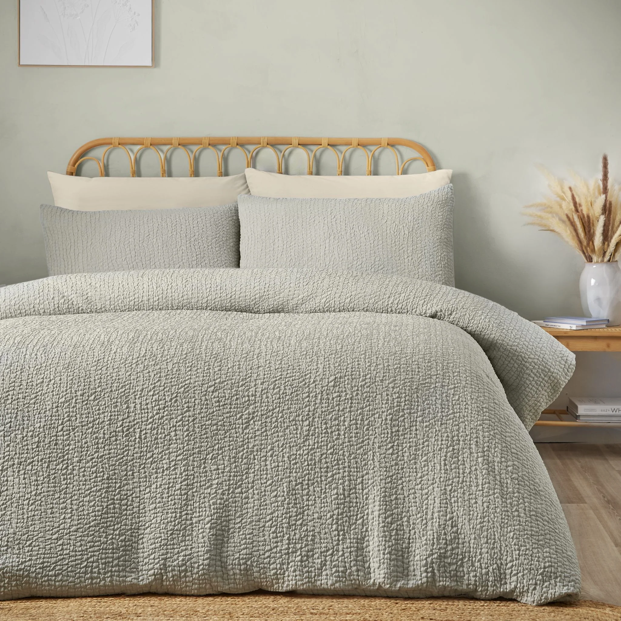 Catherine Lansfield Crinkle Seersucker Green Duvet Set - Crinkle Seersucker Green Duvet Set Double