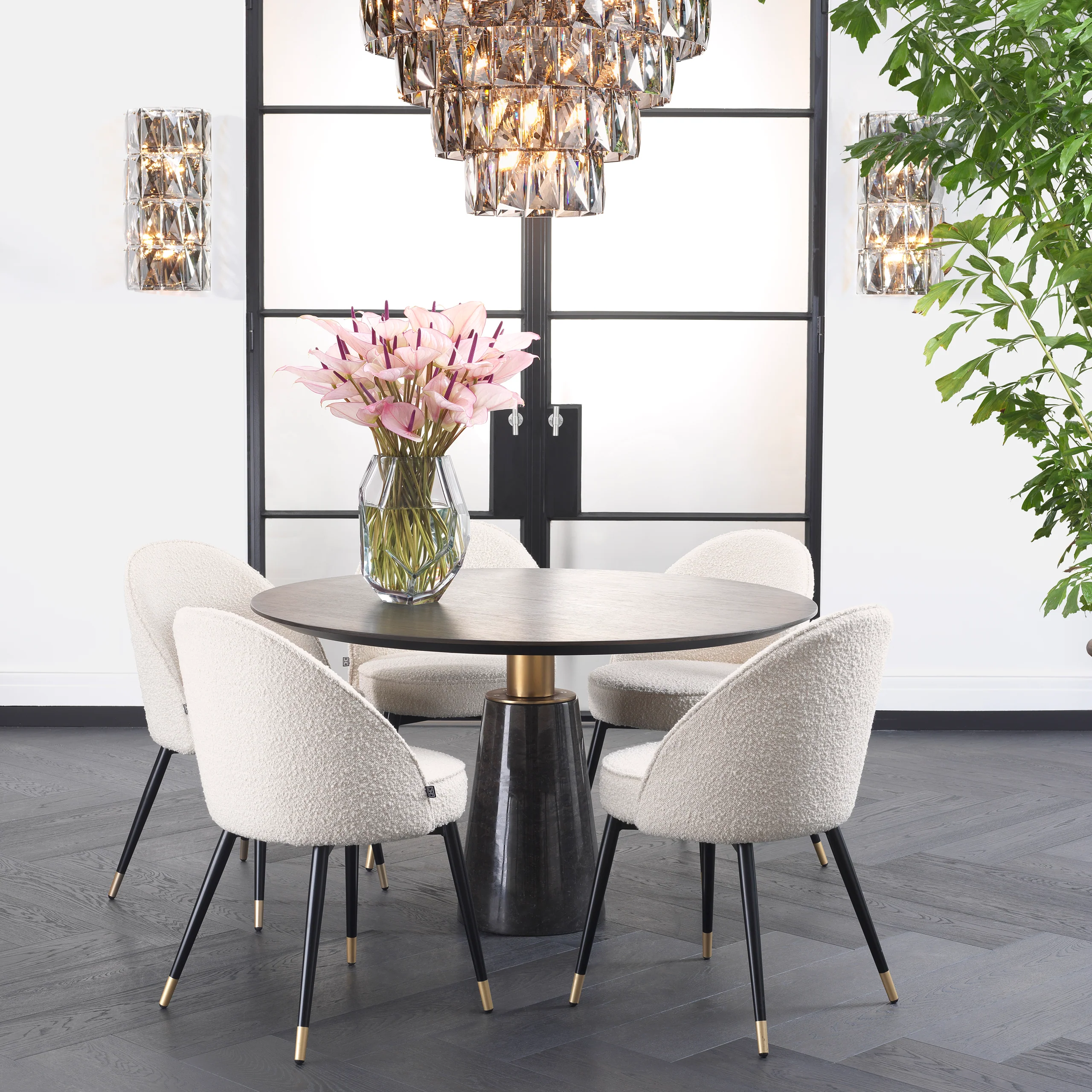 Eichholtz Genova Round Dining Table Grey Marble Mocha Straight Oak Veneer Brushed Brass Finish - Round Dining Table Grey Marble Mocha Straight Oak Veneer Brushed Brass Finish - Image 2