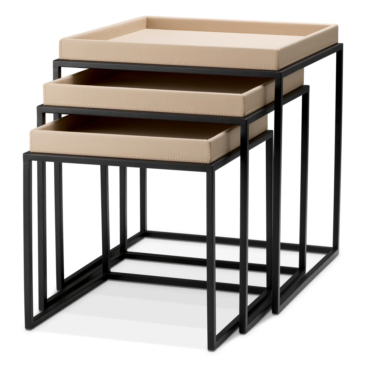 Eichholtz Leonard Set Of 3 Side Tables Matte Black Finish Light Brown Faux Leather - Side Tables Set of 3 Matte Black Finish Light Brown Faux Leather