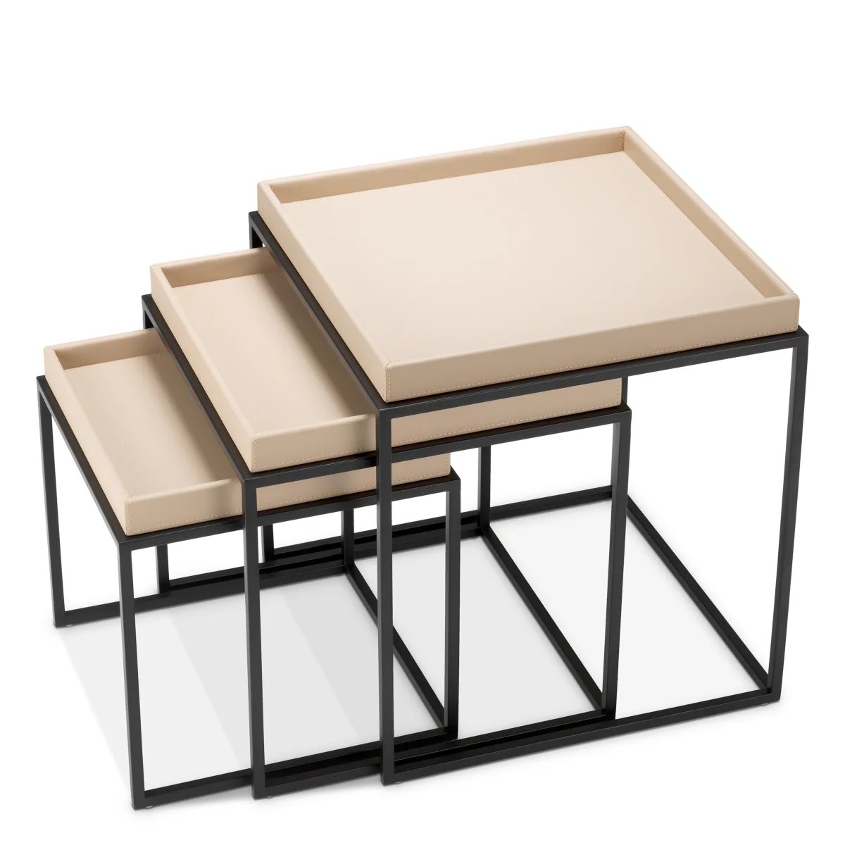 Eichholtz Leonard Set Of 3 Side Tables Matte Black Finish Light Brown Faux Leather - Side Tables Set of 3 Matte Black Finish Light Brown Faux Leather - Image 2