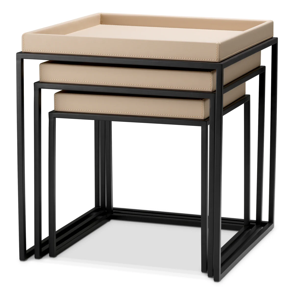 Eichholtz Leonard Set Of 3 Side Tables Matte Black Finish Light Brown Faux Leather - Side Tables Set of 3 Matte Black Finish Light Brown Faux Leather - Image 3
