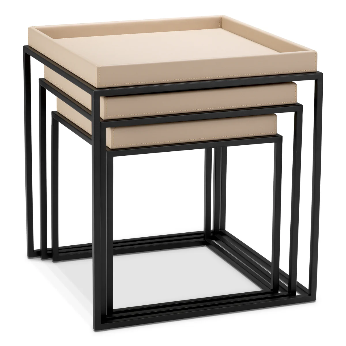 Eichholtz Leonard Set Of 3 Side Tables Matte Black Finish Light Brown Faux Leather - Side Tables Set of 3 Matte Black Finish Light Brown Faux Leather - Image 4