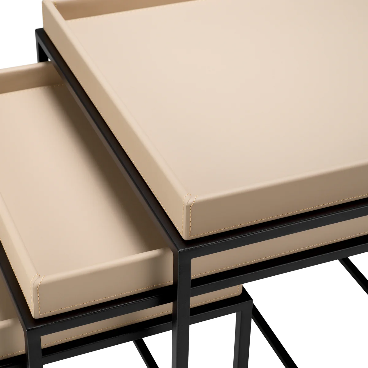 Eichholtz Leonard Set Of 3 Side Tables Matte Black Finish Light Brown Faux Leather - Side Tables Set of 3 Matte Black Finish Light Brown Faux Leather - Image 5
