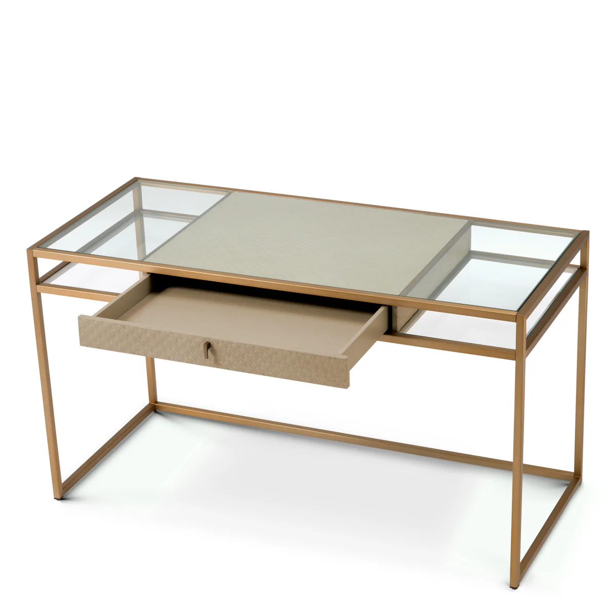 Eichholtz Napa Valley Desk Woven Washed Oak Veneer Brushed Brass Finish Clear Glass - Desk Woven Washed Oak Veneer Brushed Brass Finish Clear Glass - Image 4