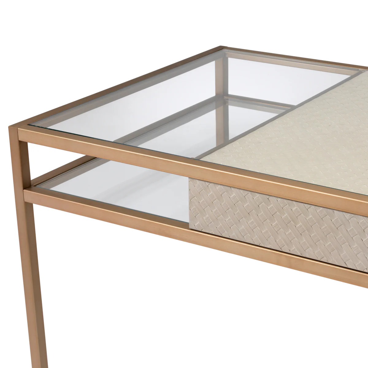 Eichholtz Napa Valley Desk Woven Washed Oak Veneer Brushed Brass Finish Clear Glass - Desk Woven Washed Oak Veneer Brushed Brass Finish Clear Glass - Image 5