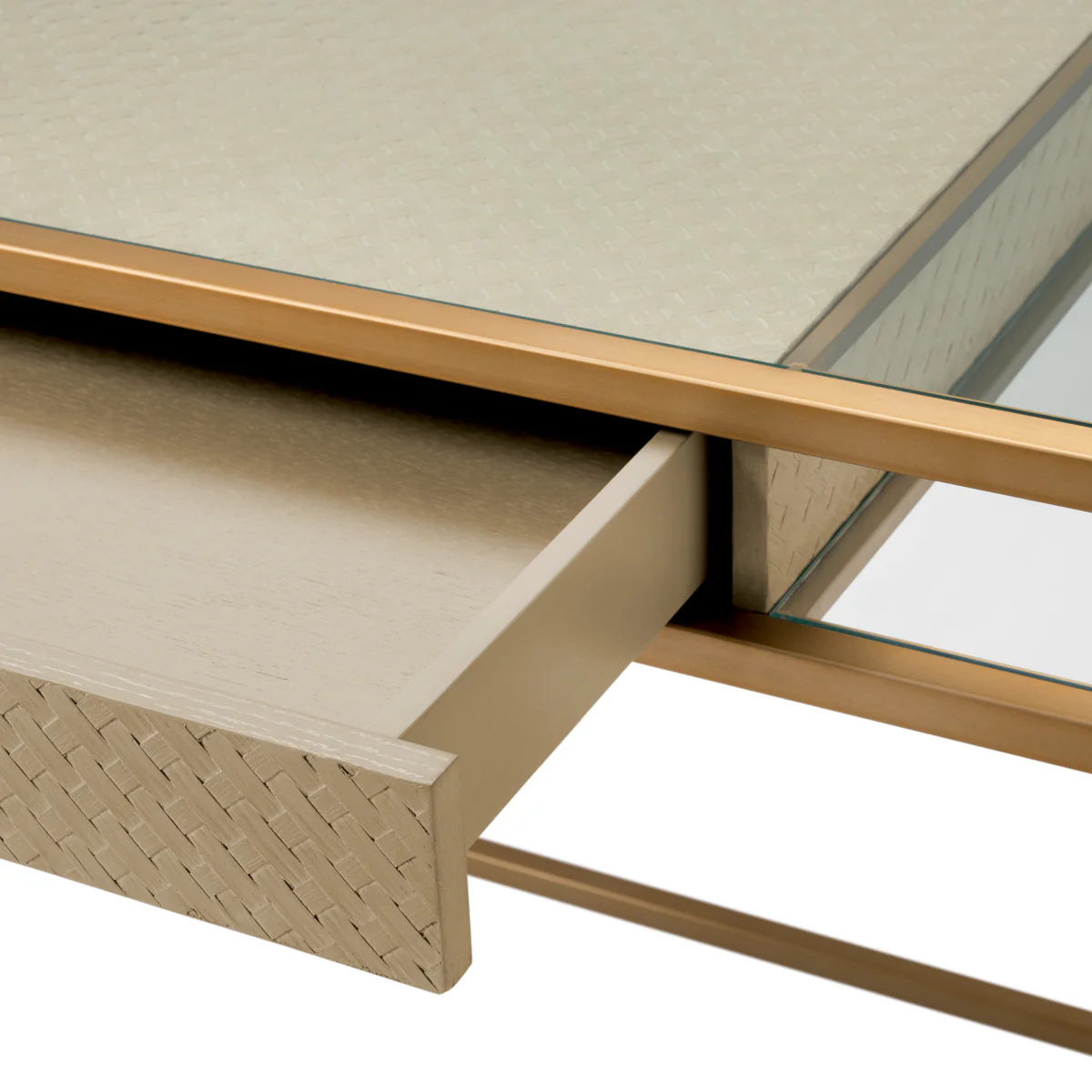 Eichholtz Napa Valley Desk Woven Washed Oak Veneer Brushed Brass Finish Clear Glass - Desk Woven Washed Oak Veneer Brushed Brass Finish Clear Glass - Image 6
