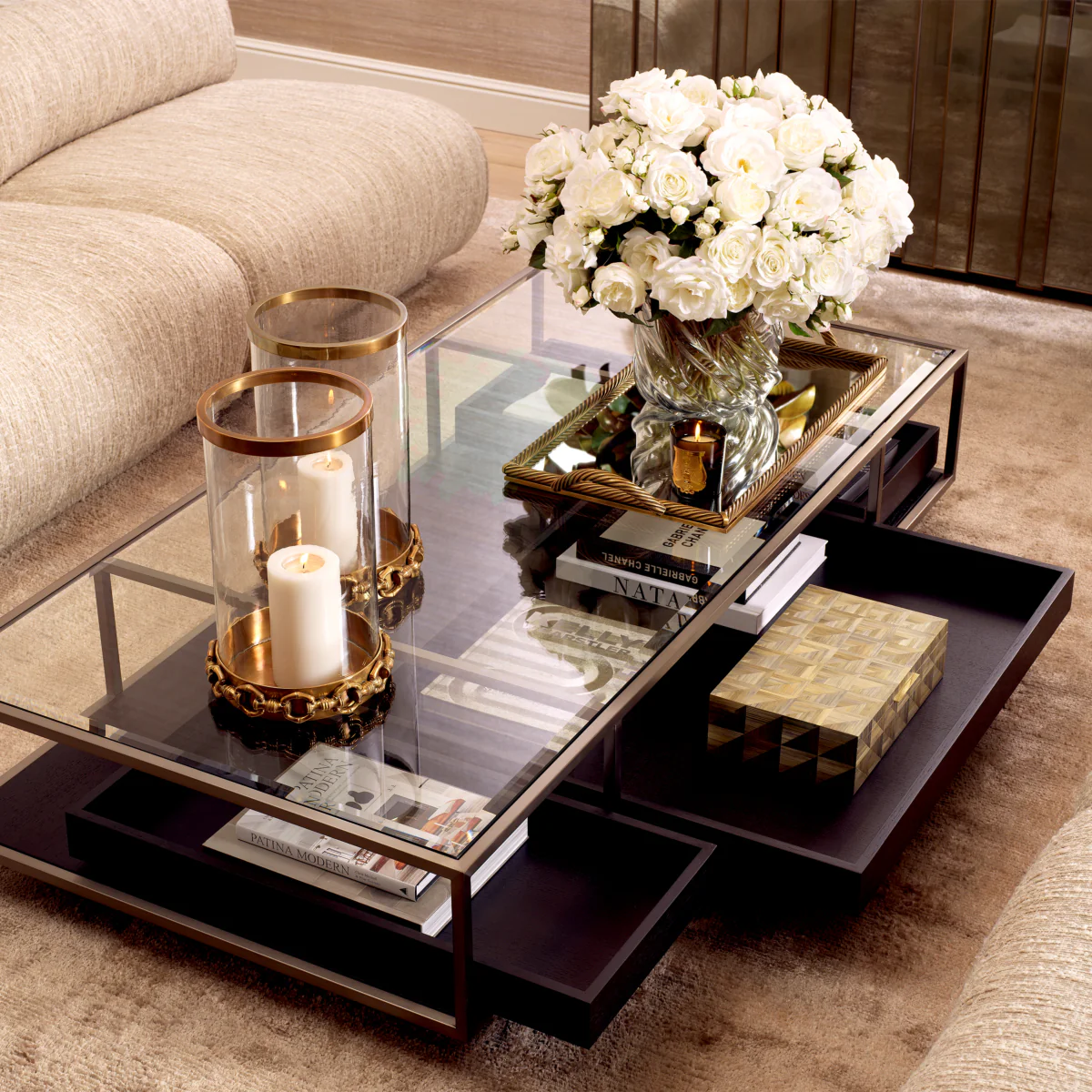 Eichholtz Roxton Coffee Table Brushed Steel Finish Clear Glass Black Veneer - Coffee Table Brushed Steel Finish Clear Glass Black Veneer - Image 2