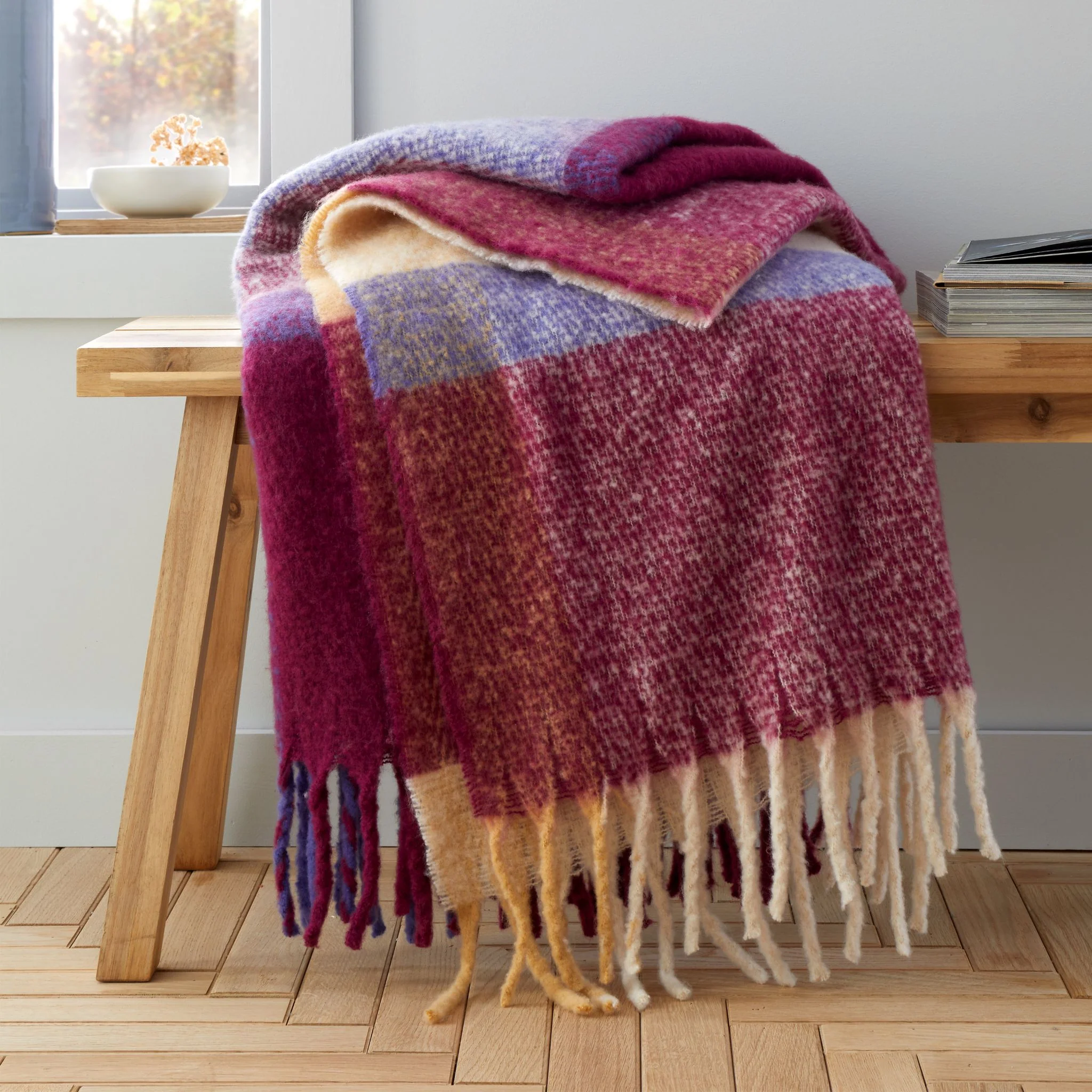 Catherine Lansfield Faux Mohair Purple Check Throw - DISC Faux Mohair Check Throw Plum 130x170CM