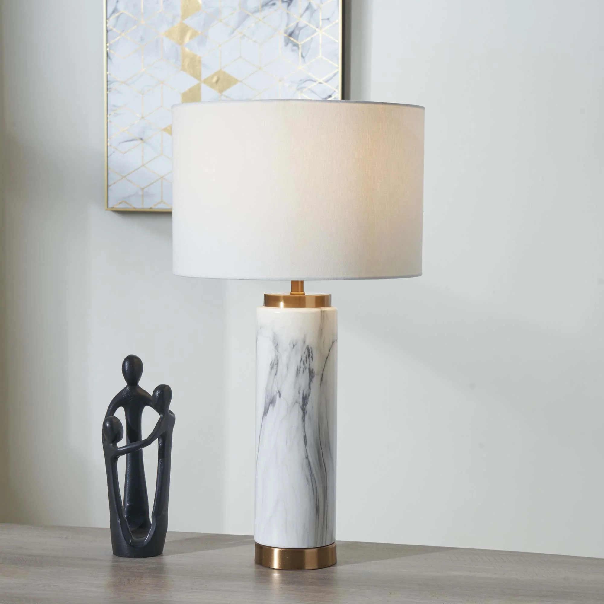 Gold And White Marble Effect Ceramic Tall Table Lamp - Carrara Gold Marble Effect Ceramic Tall Table Lamp