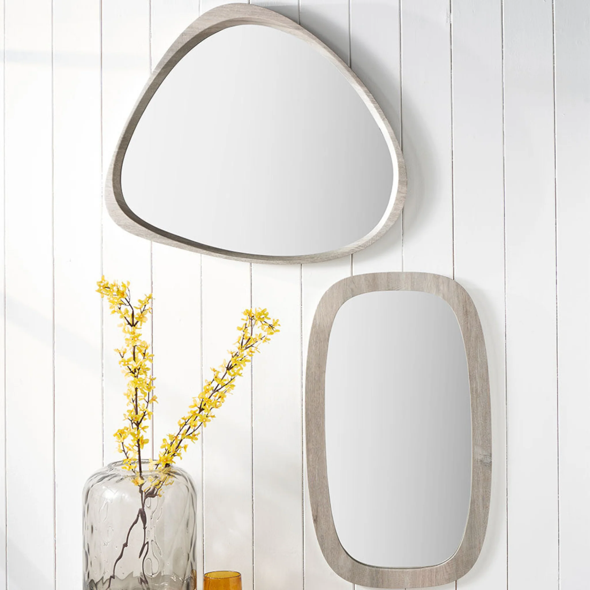 Grey Oak Wood Curved Wall Mirror - Grey Oak Wood Curved Wall Mirror 67x58CM