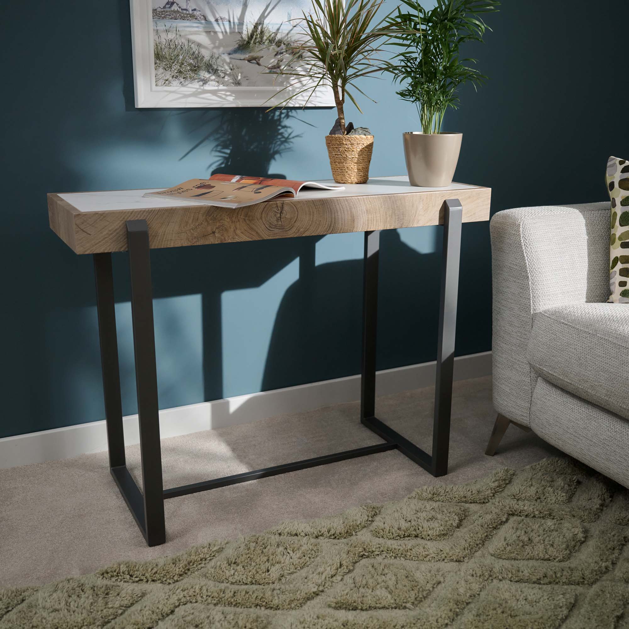 Hanson Console Table - Sofa Table Snow Mountain Sintered Stone / Light Smooth Wood Paper Veneer / Gun Grey Metal L - Image 2