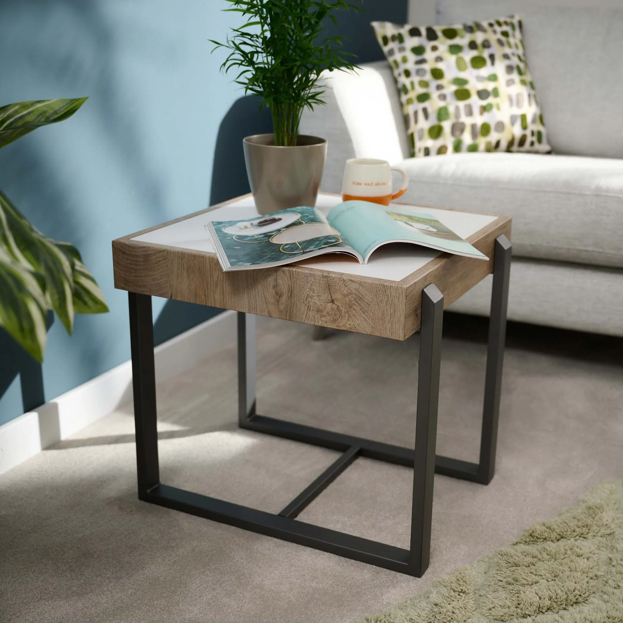 Hanson Side Table - End Table Snow Mountain Sintered Stone / Light Smooth Wood Paper Veneer / Gun Grey Metal L - Image 2