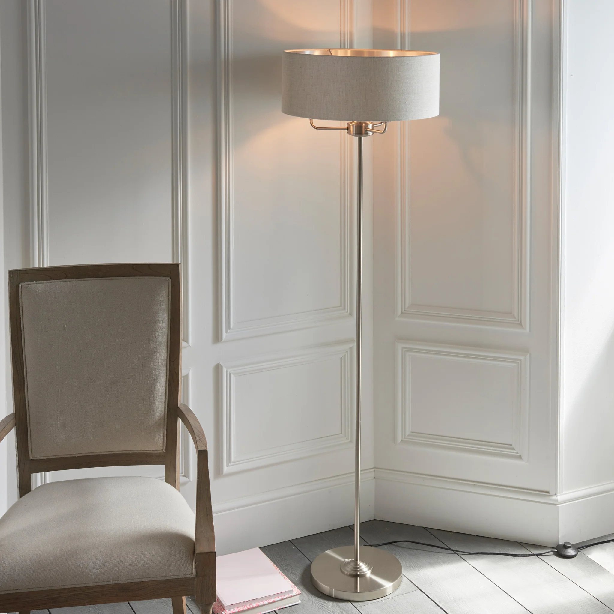 Highclere 3 Chrome And Cream Floor Light - DHD Highclere 3 Floor Light Chrome & Natural