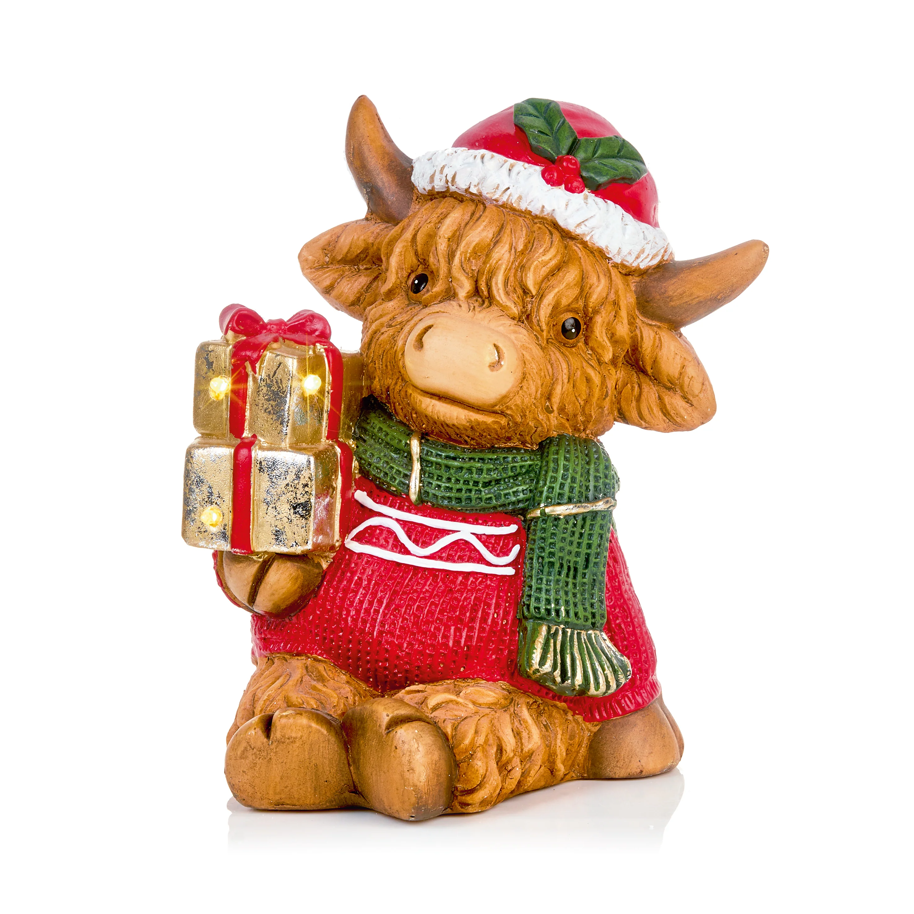Highland Cow on Presents Battery Operated - C Lit BO MGO Highland Cow Presents 26CM