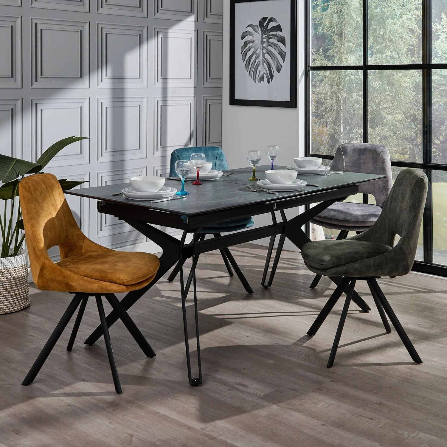 Honour Extending Dining Table - Ext Dining Table 160/220x90cm Grey Rhine Ceramic / Glass & Black Powder Base - 160cm - Image 2