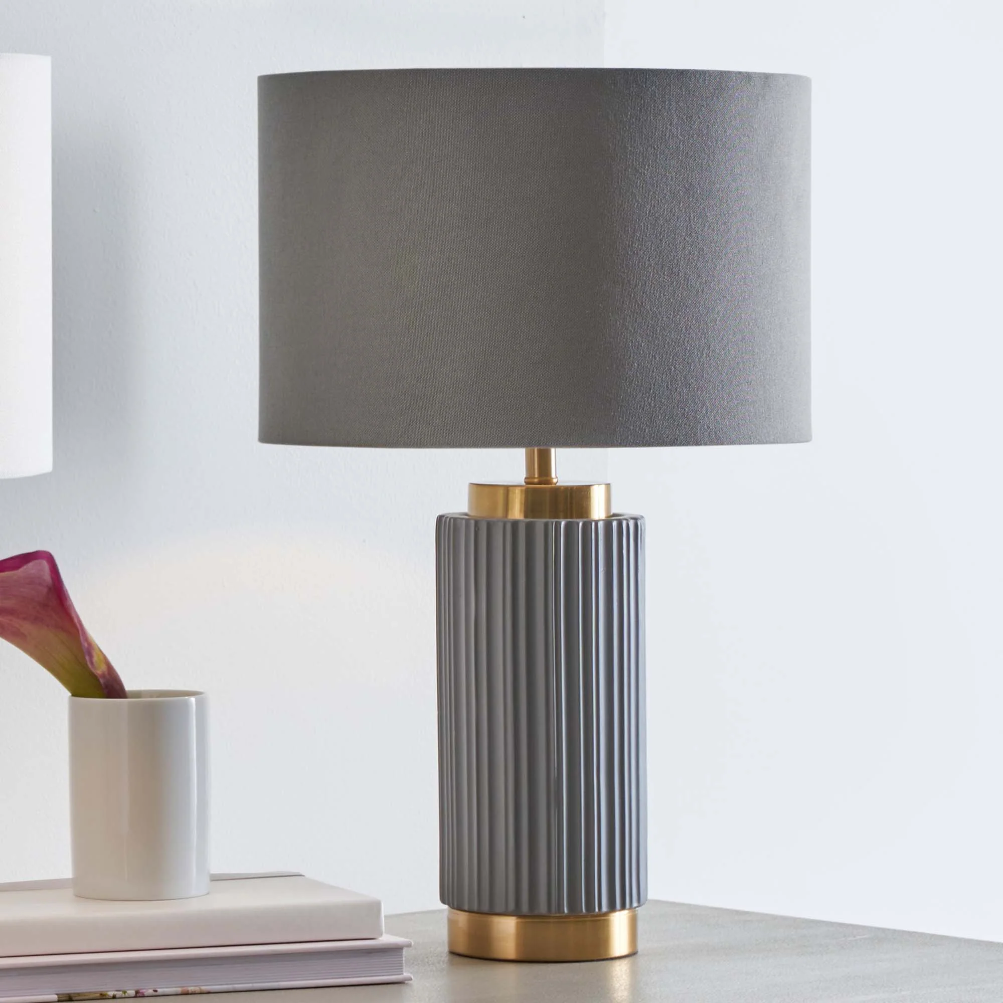 Iconic Grey Textured Ceramic And Gold Metal Table Lamp - DISC Ionic Grey Textured Ceramic Gold Metal Table Lamp