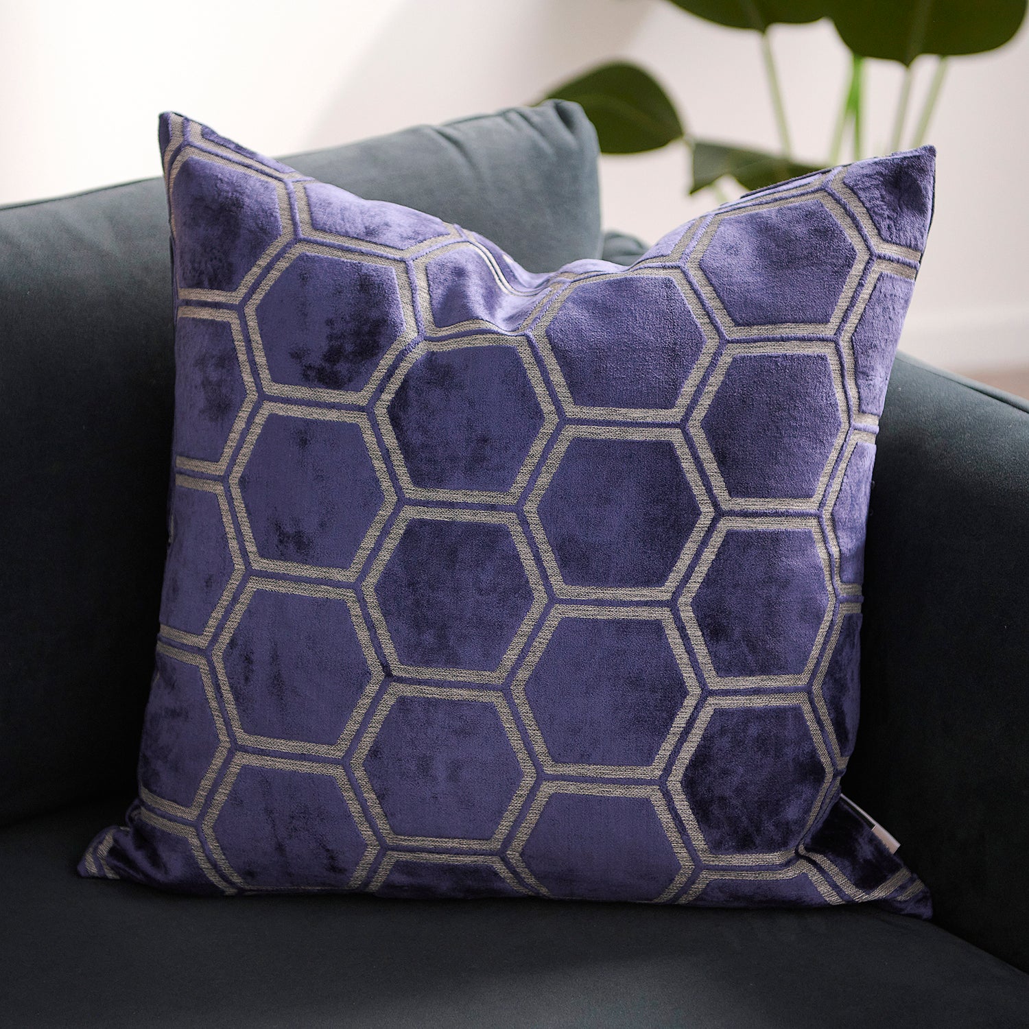 Ivor Hexagon Velvet Blue Square Cushion - DISC Cut Velvet Ivor 56X56 Cushion Navy