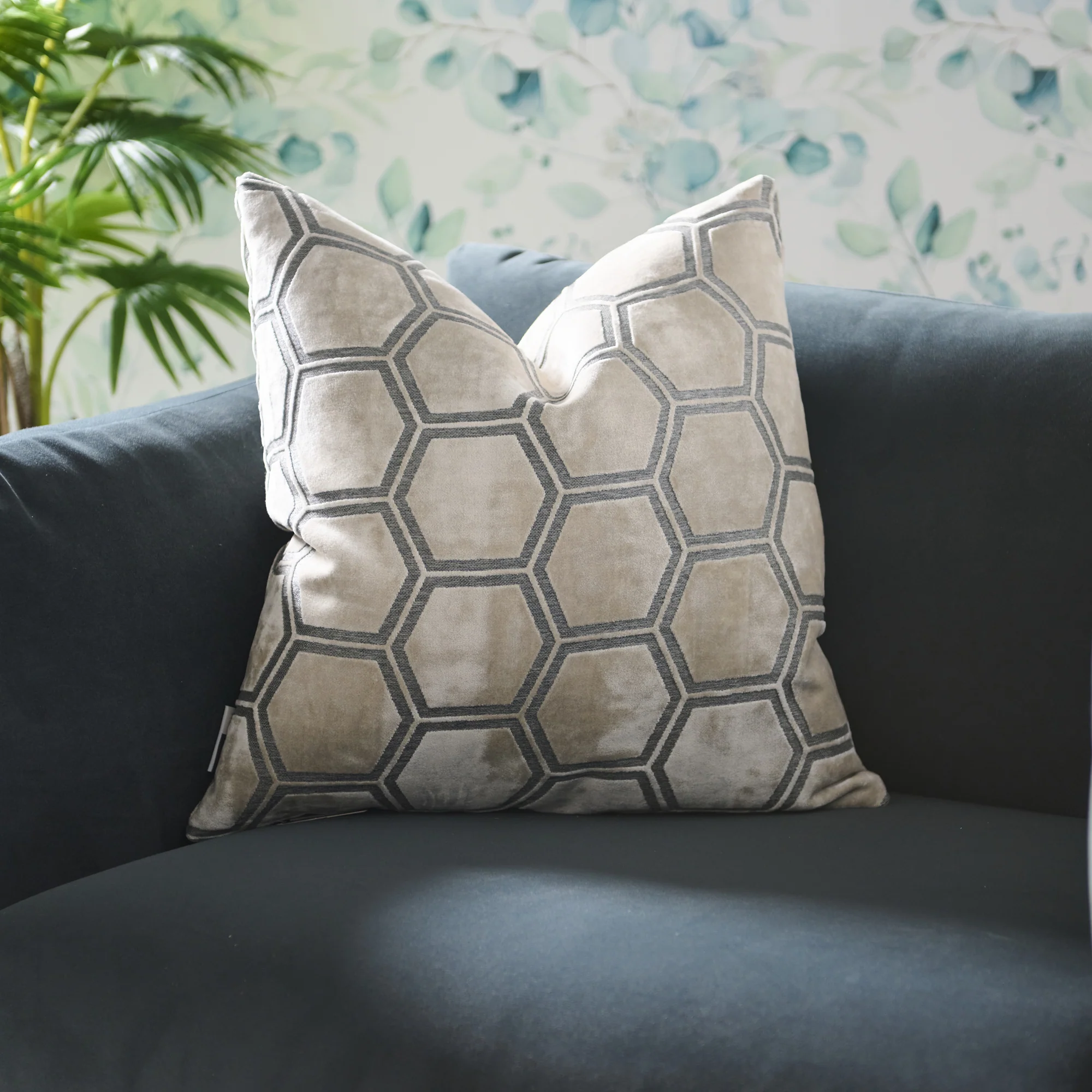 Ivor Hexagon Velvet Cream Square Cushion - Ivor Hex Cut Velvet Sq Cushion Cream 56CM