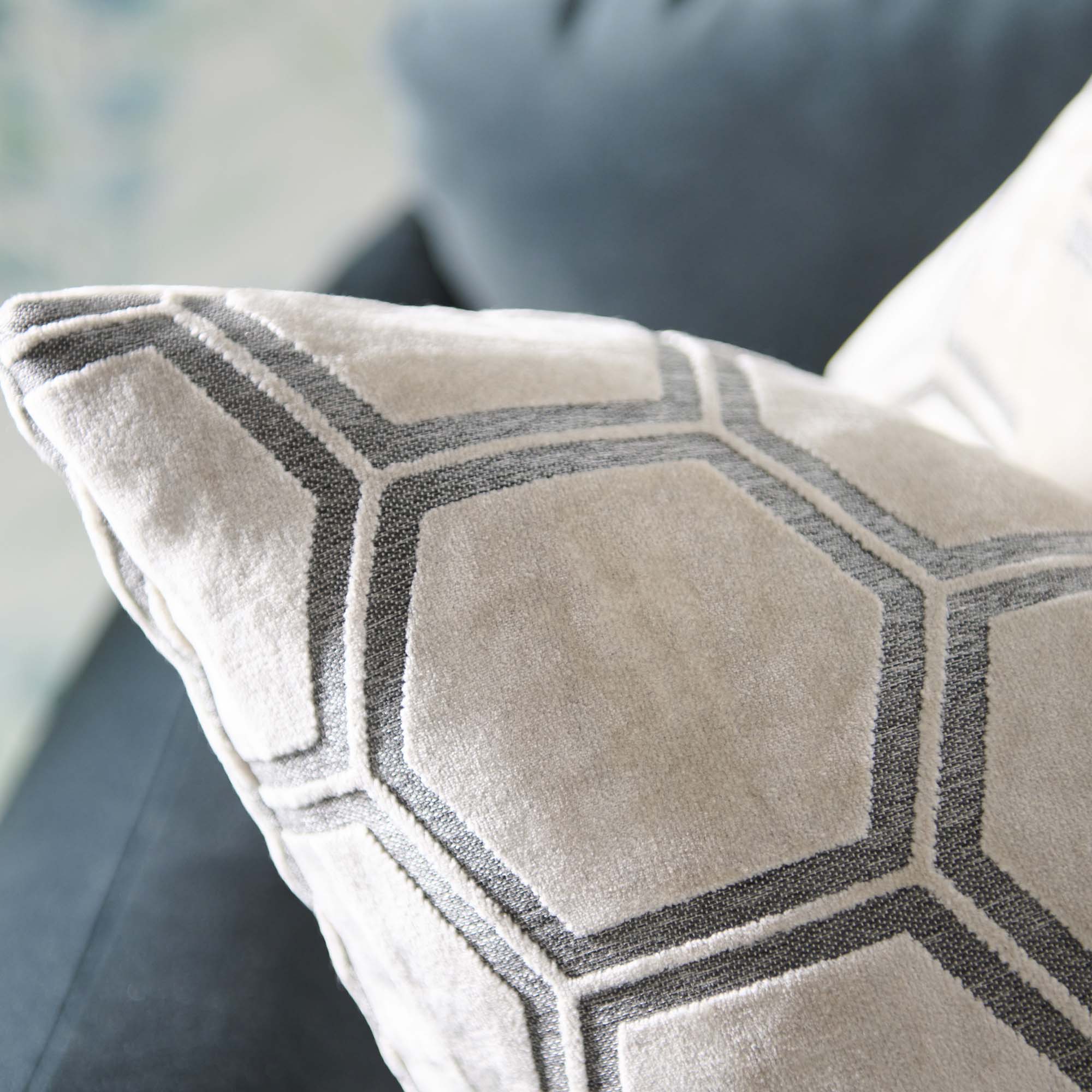Ivor Hexagon Velvet Cream Square Cushion - Ivor Hex Cut Velvet Sq Cushion Cream 56CM - Image 4