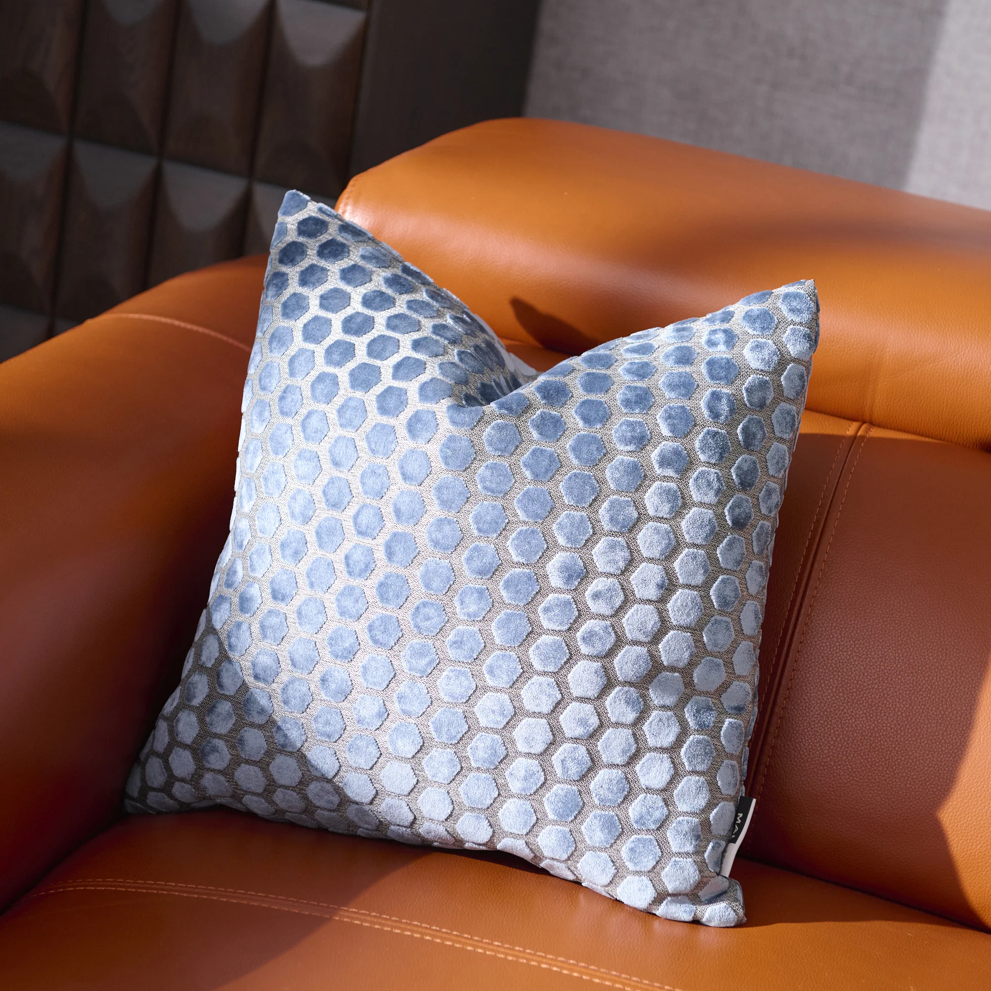 Jorvik Hex Cut Velvet Blue Square Pillow - DISC Jorvik Hex Cut Velvet Sq Cushion Blue 43CM