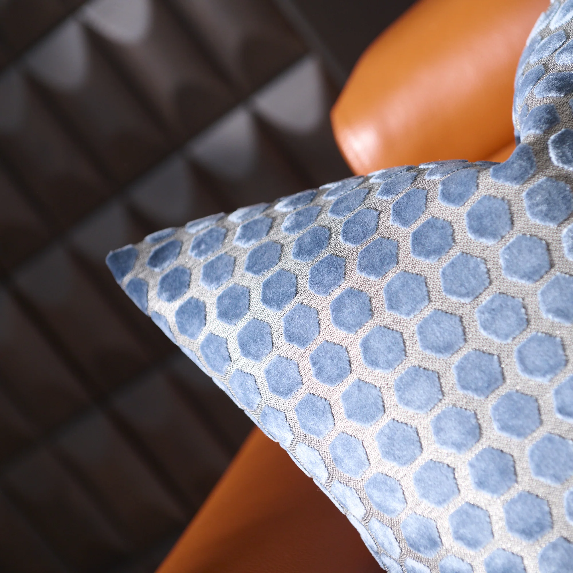 Jorvik Hex Cut Velvet Blue Square Pillow - DISC Jorvik Hex Cut Velvet Sq Cushion Blue 43CM - Image 3
