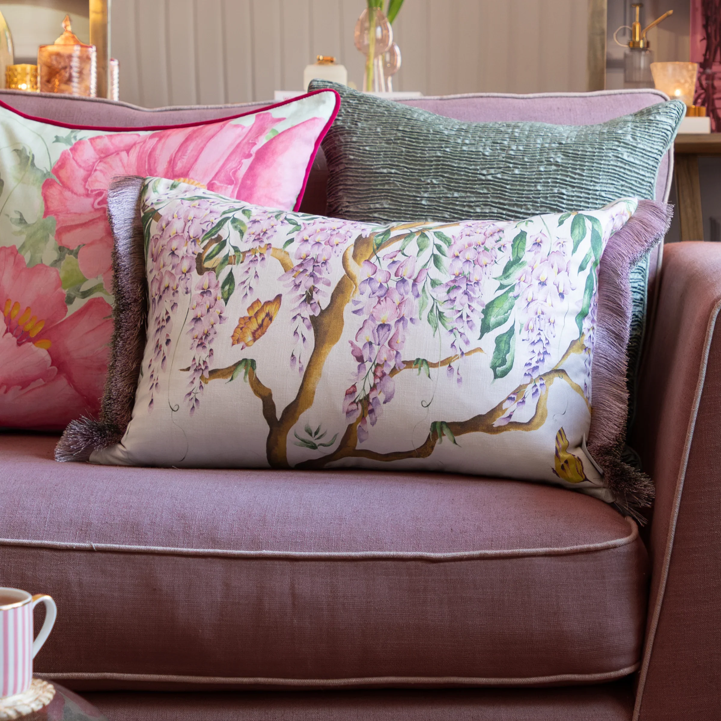 Voyage Mariposa Printed Ruched Cushion Cream - Voyage Mariposa Printed Ruched Cushion Cream