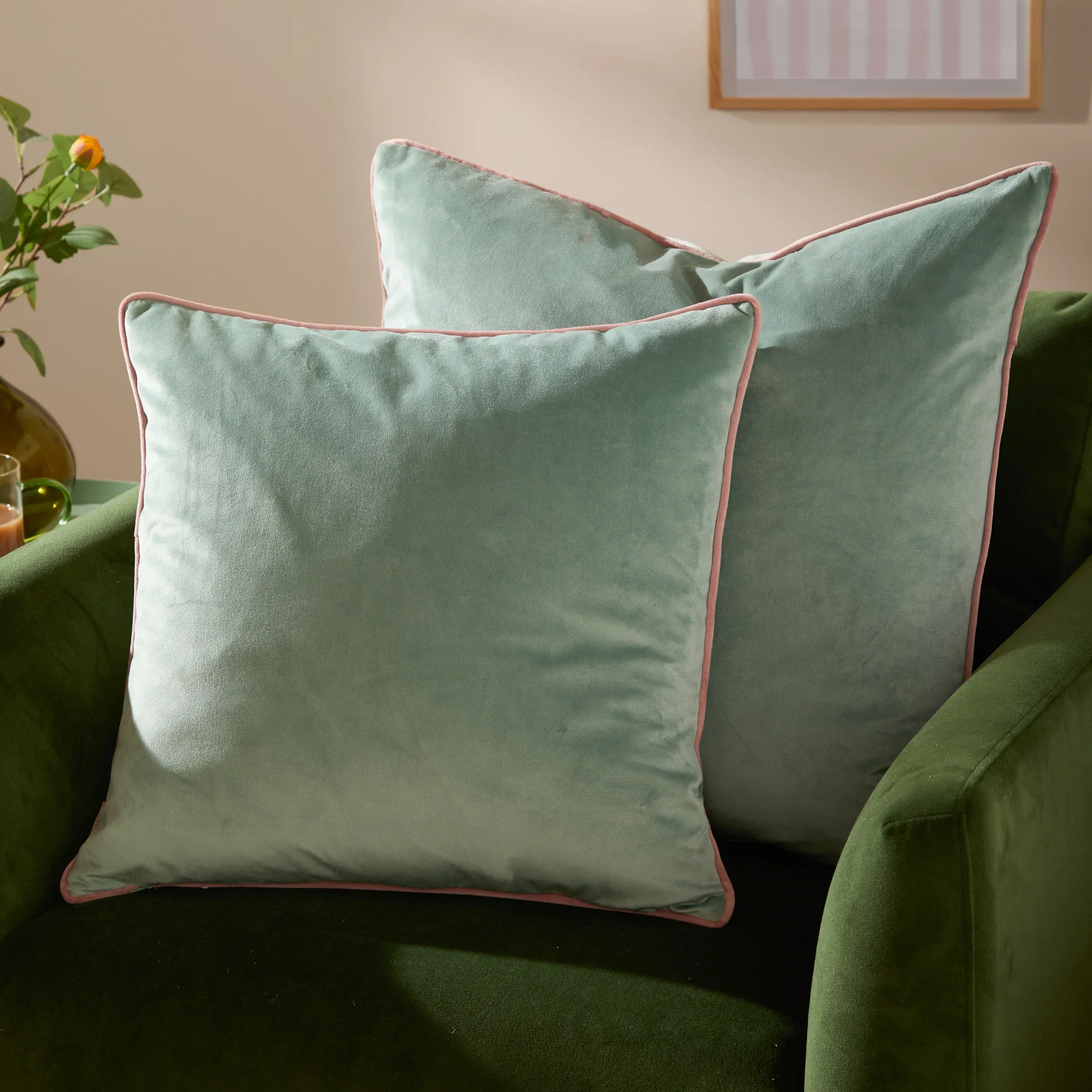 Meridian Green And Pink Square Cushion - Meridian 45CM Cushion Mineral & Blush - Image 2