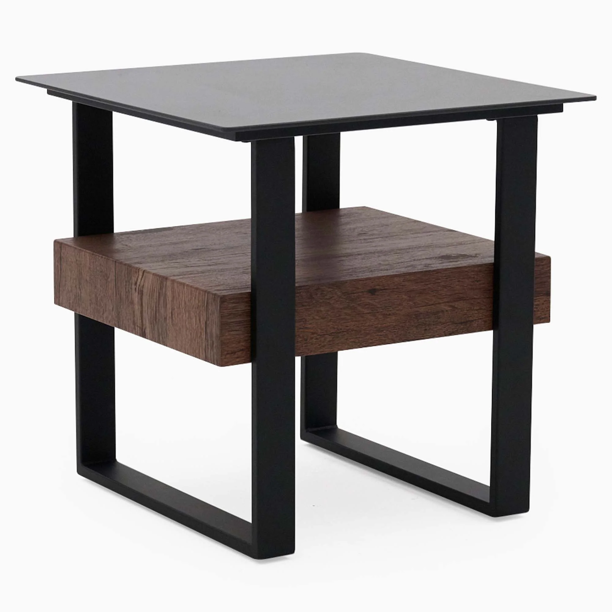 Milburn Side Table - End Table Saroland Sintered Stone / Brown Cherry Paper Veneer / Black Metal Frame