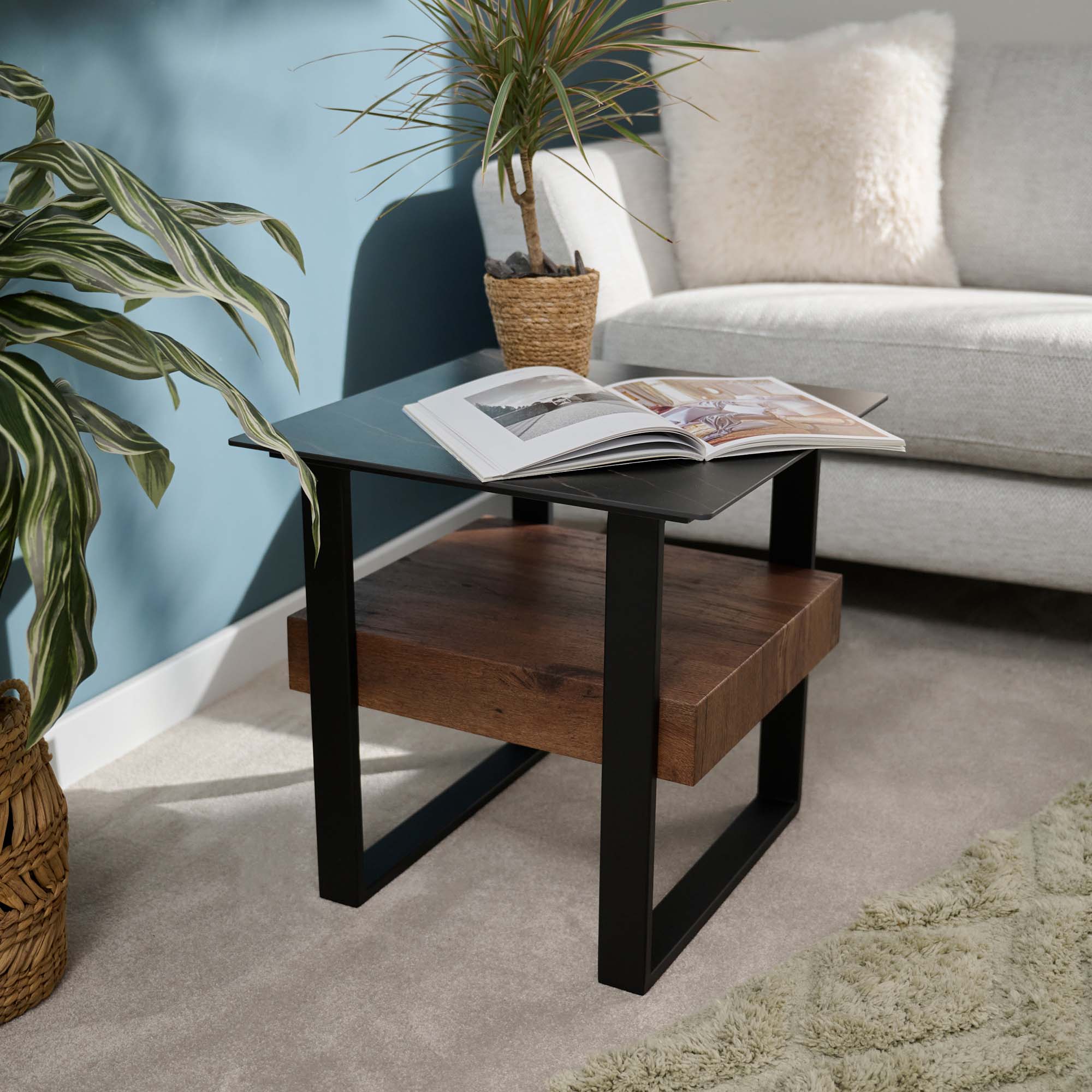 Milburn Side Table - End Table Saroland Sintered Stone / Brown Cherry Paper Veneer / Black Metal Frame - Image 2