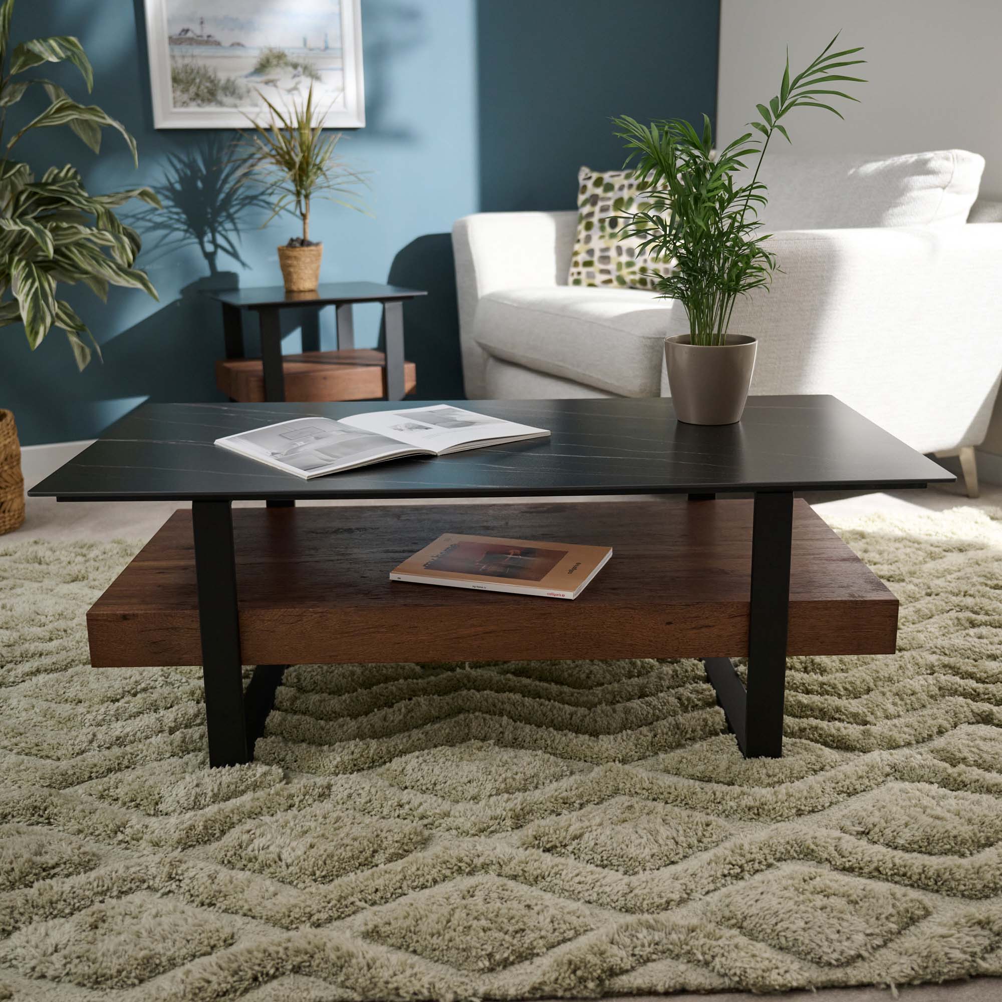 Milburn Coffee Table - Coffee Table Saroland Sintered Stone / Brown Cherry Paper Veneer / Black Metal Frame - Image 2