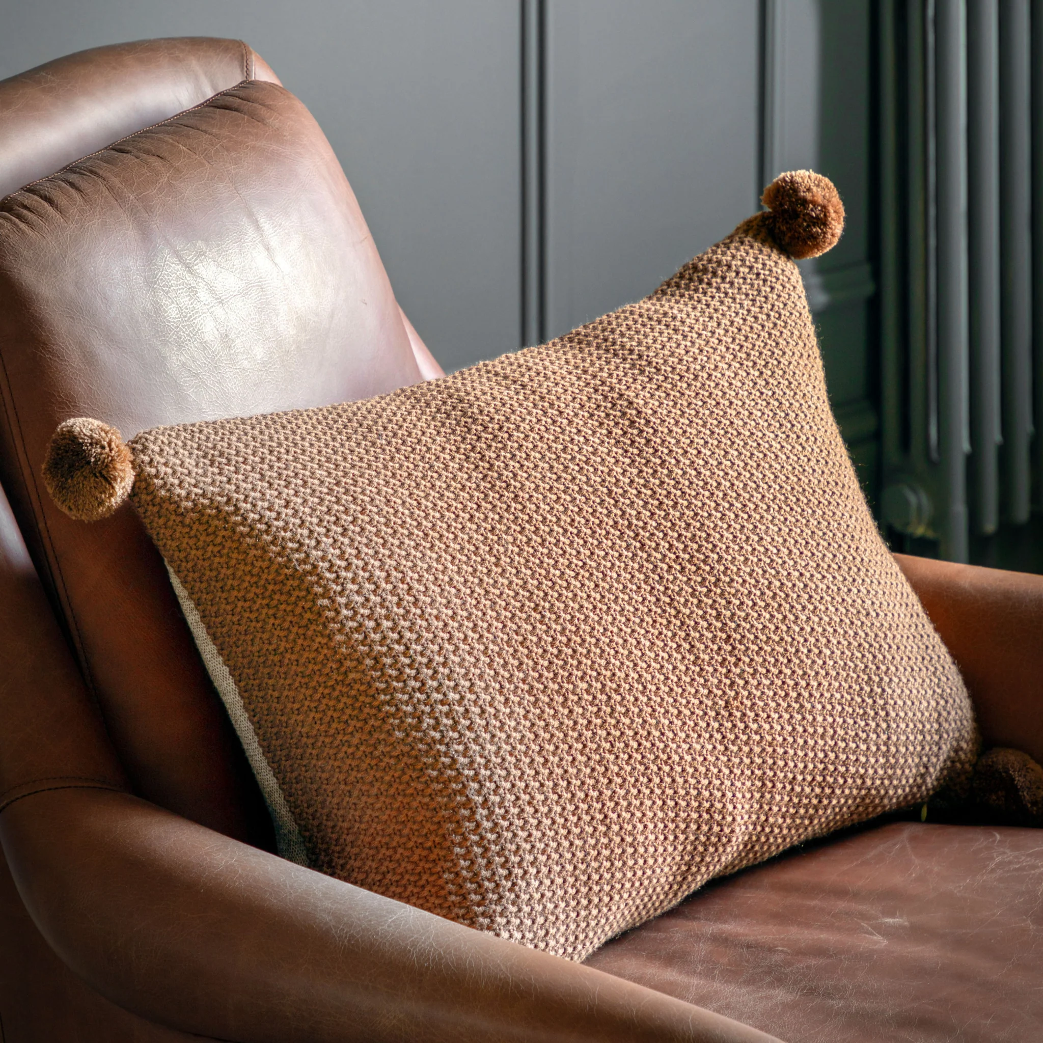 Moss Stitched Pom Pom Brown Cushion - Moss Stitch Pom Pom Cushion Tan 40x60CM
