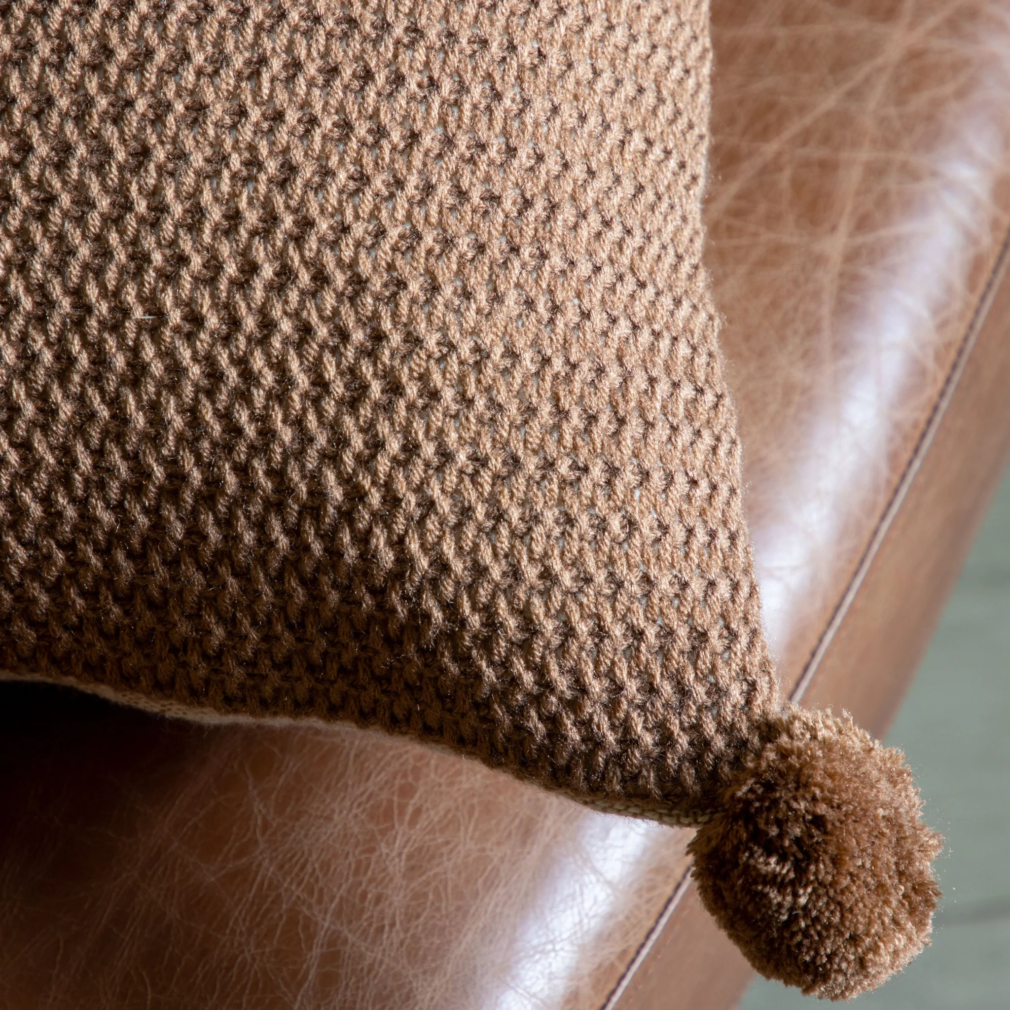 Moss Stitched Pom Pom Brown Cushion - Moss Stitch Pom Pom Cushion Tan 40x60CM - Image 2