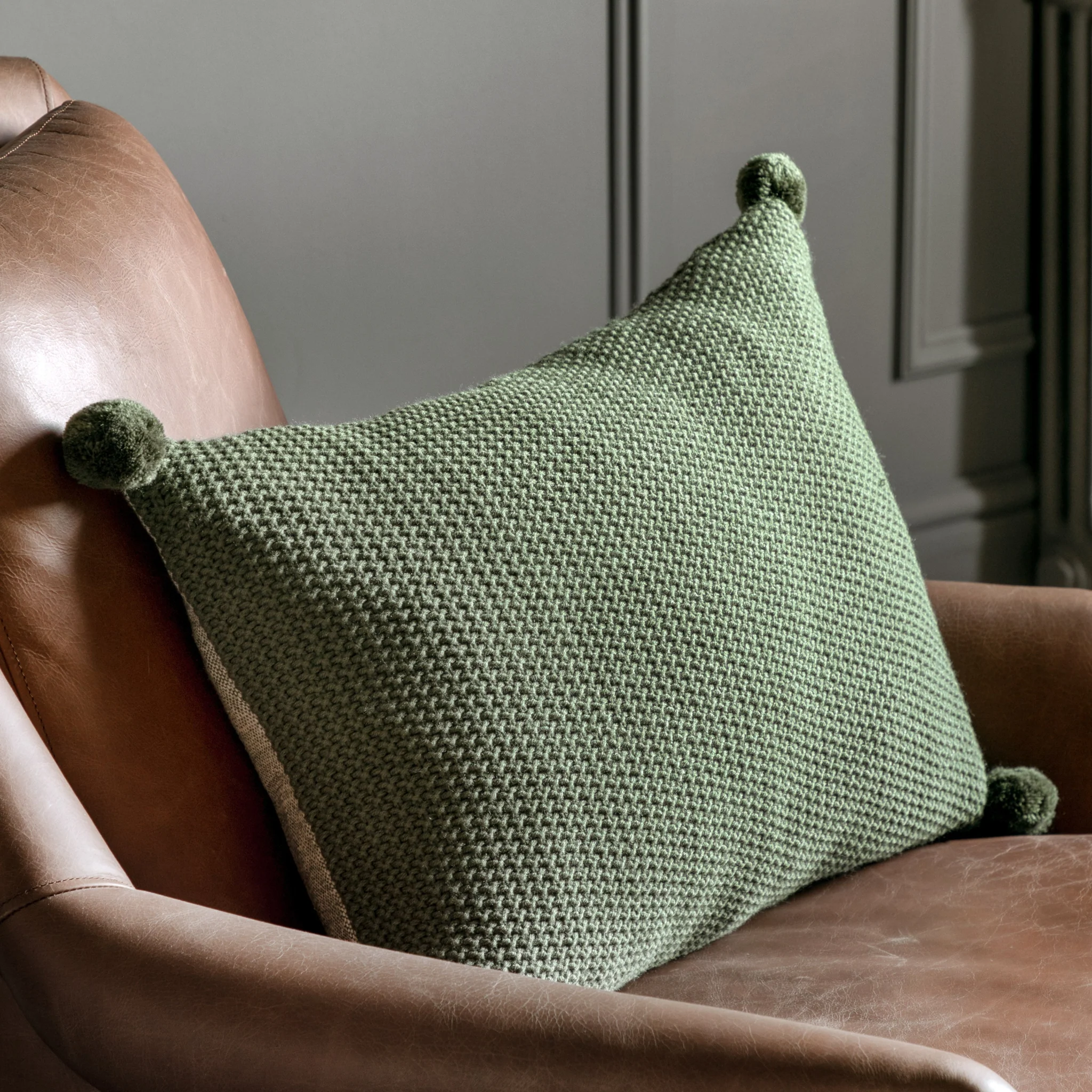 Moss Stitched Pom Pom Green Cushion - Moss Stitch PomPom Cushion Olive 40x60CM