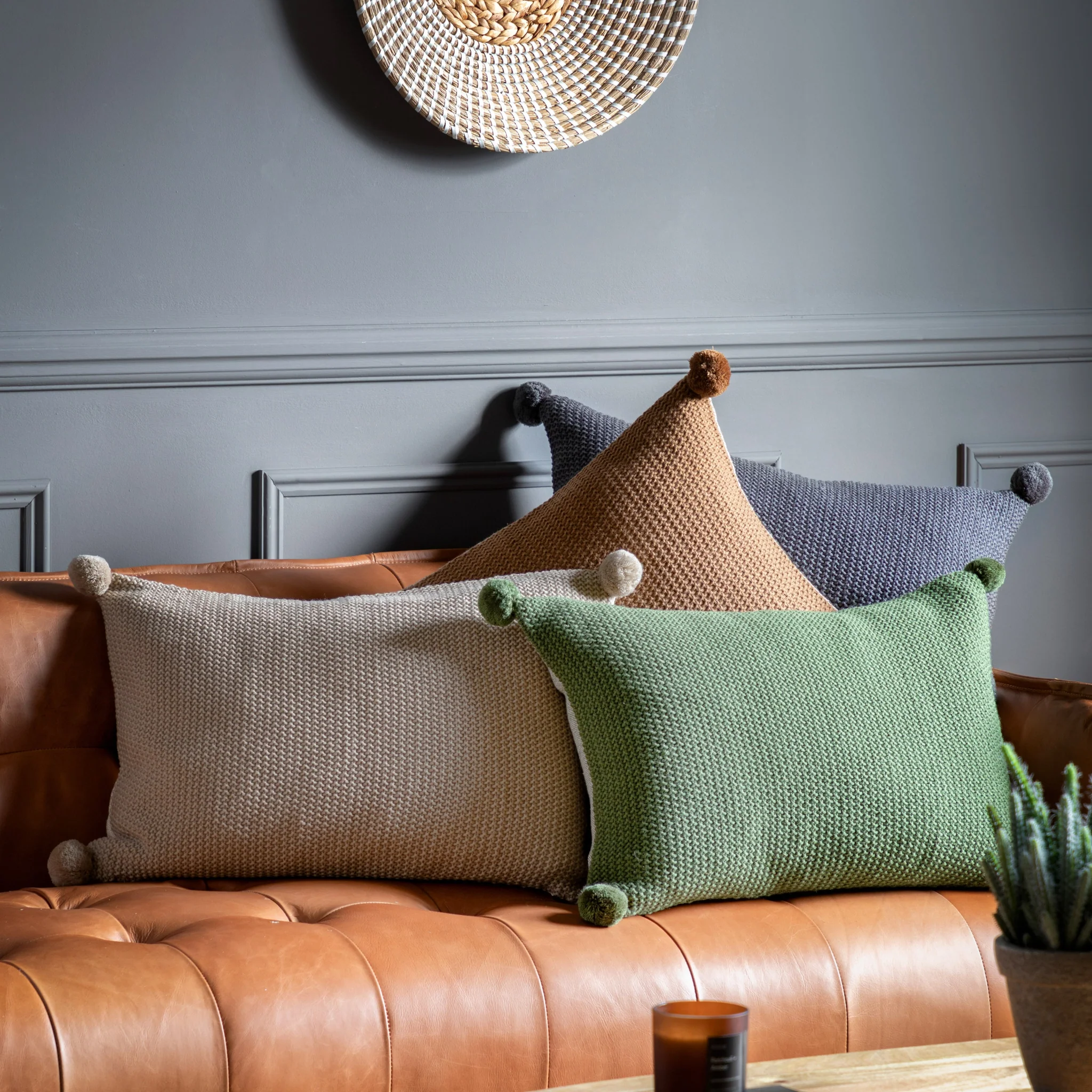 Moss Stitched Pom Pom Green Cushion - Moss Stitch PomPom Cushion Olive 40x60CM - Image 2