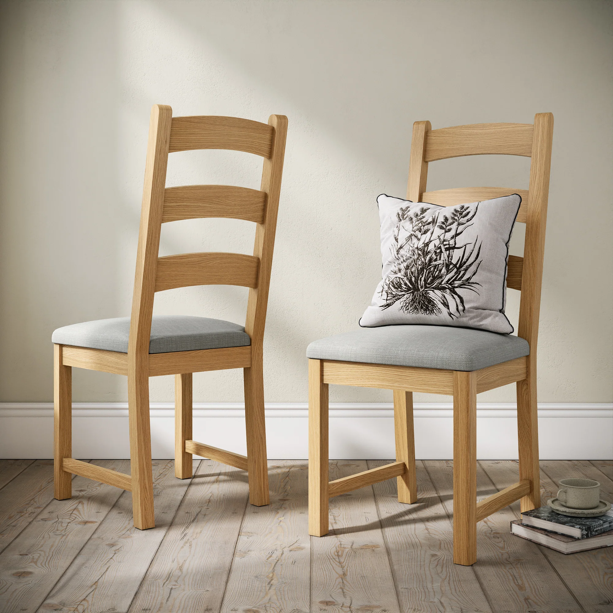 Navarre Pair of Beige Ladderback Dining Chairs - Ladder Dining Chair - Pair Oak / Beige Fabric - Image 2