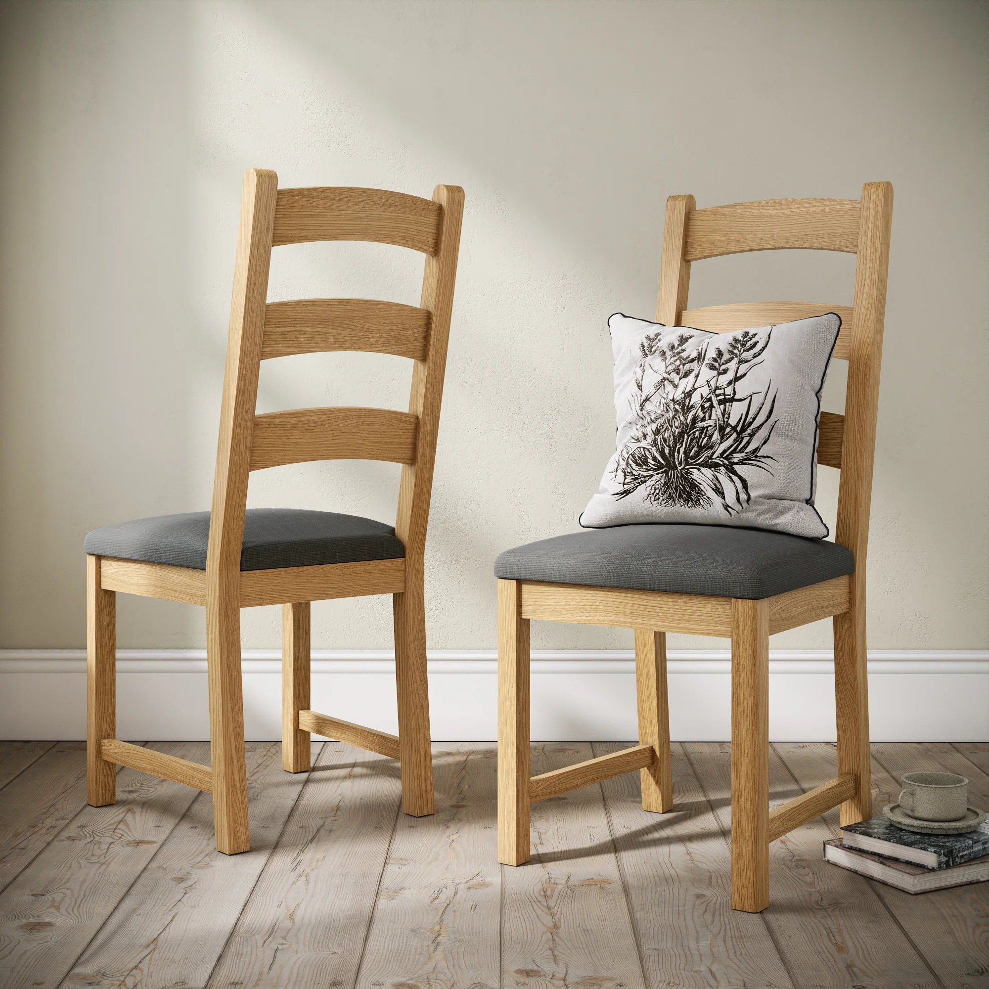 Navarre Pair of Charcoal Ladderback Dining Chairs - Ladder Dining Chair - Pair Oak / Charcoal Fabric - Image 2