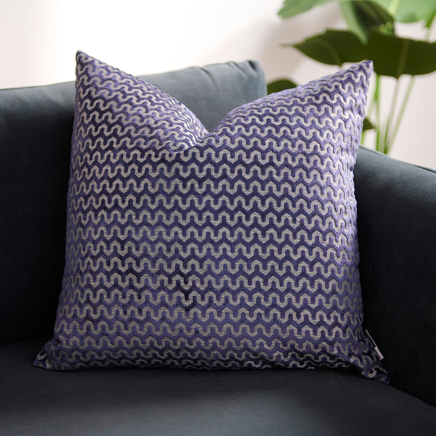 Oslo Velvet Wave Dark Blue Square Cushion - Cut Velvet Oslo 56X56 Cushion Navy