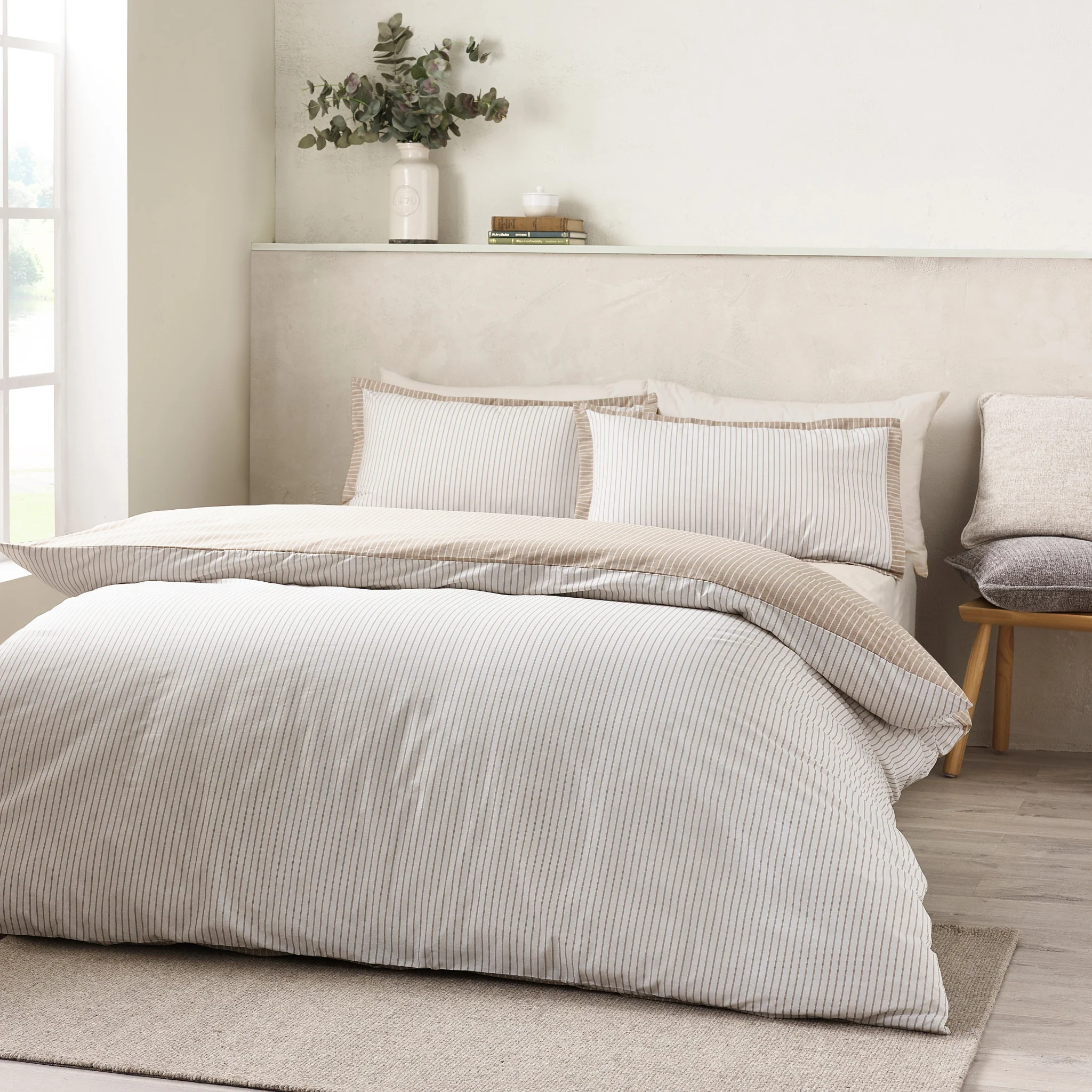 Catherine Lansfield Oxford Pinstripe Natural Duvet Set - Oxford Pinstripe Natural Duvet Set Double - Image 3