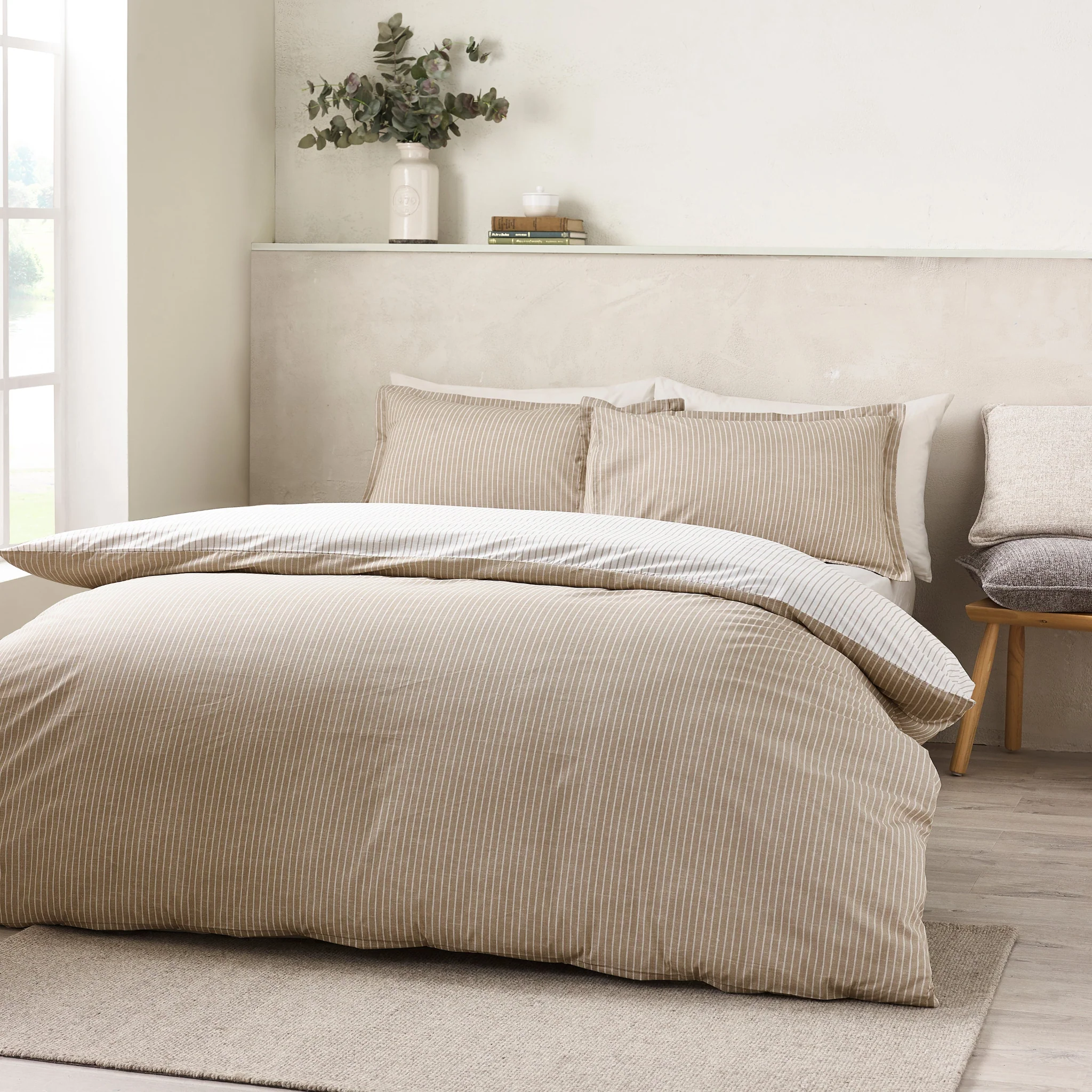 Catherine Lansfield Oxford Pinstripe Natural Duvet Set - Oxford Pinstripe Natural Duvet Set Double - Image 2