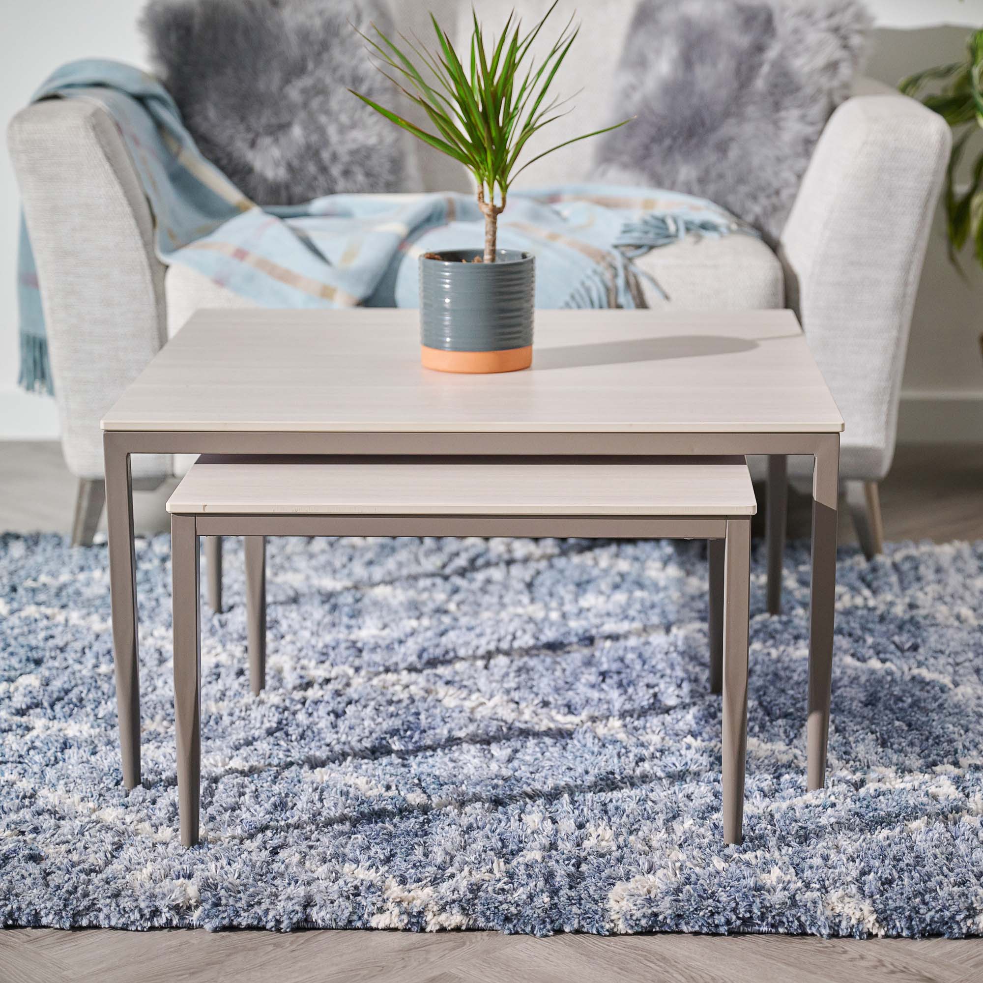 Phase Square Nest of Coffee Tables - Square Coffee Nest of Tables Latte Tones (Buwen) Matt Ceramic / Warm Brown Metal Frame - Image 2