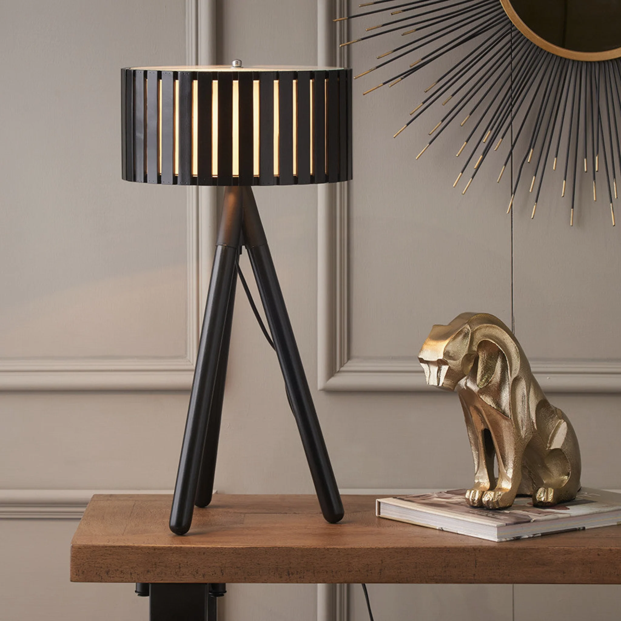 Rabanne Slatted Black Wood Tripod Table Lamp - Rabanne Slatted Black Wood Tripod Table Lamp
