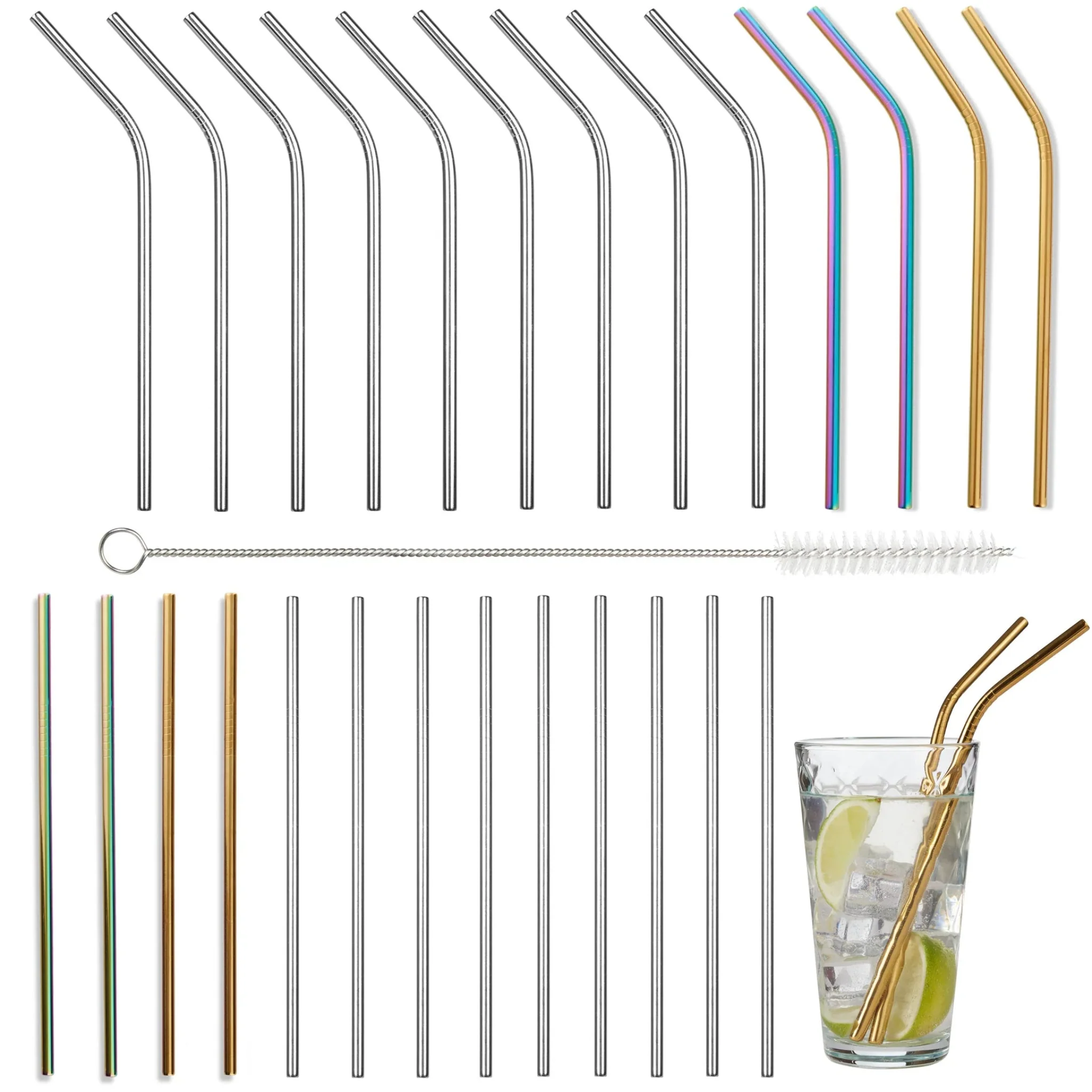 Reusable Metal Straws With Cleaning Brushes - Reusable Straws 26 Piece & Cleaning Brushes 4 Piece