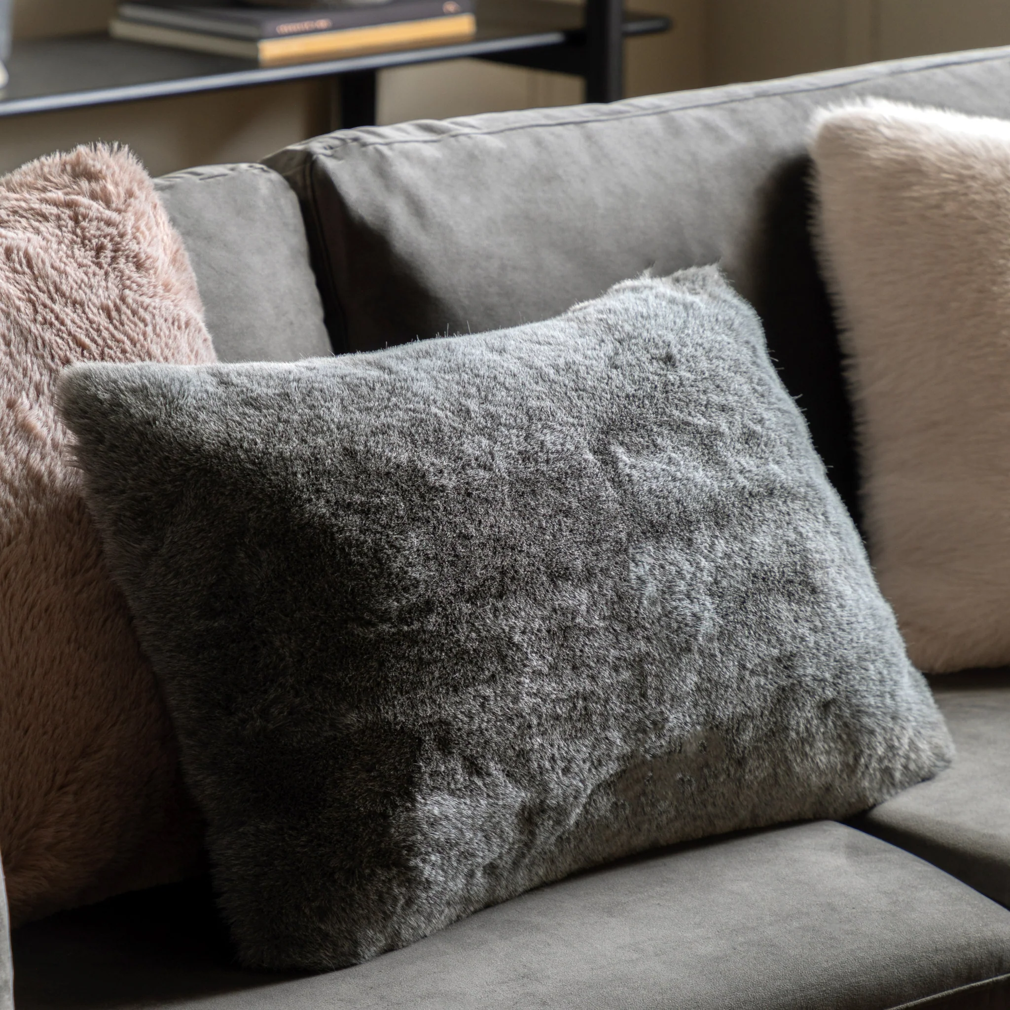 Roscose Faux Fur Grey Rectangle Cushion - Roscose Faux Fur Cushion Smoke Grey 40x60CM