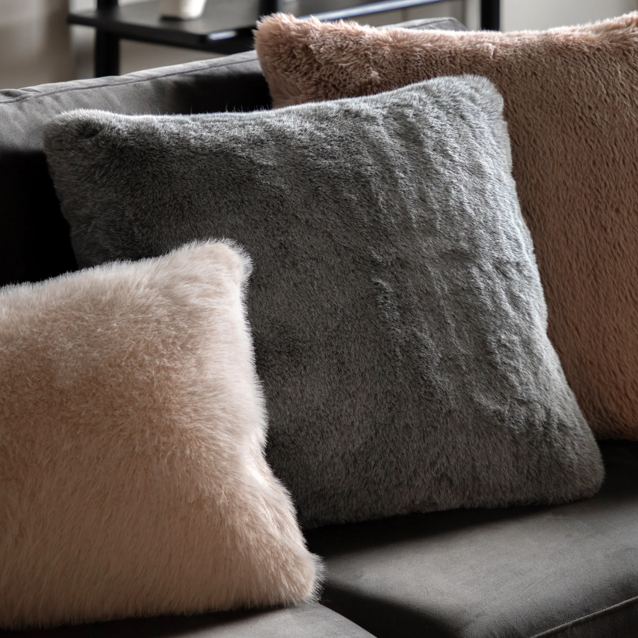 Roscose Faux Fur Grey Square Cushion - Roscose Faux Fur Cushion Smoke Grey 50CM
